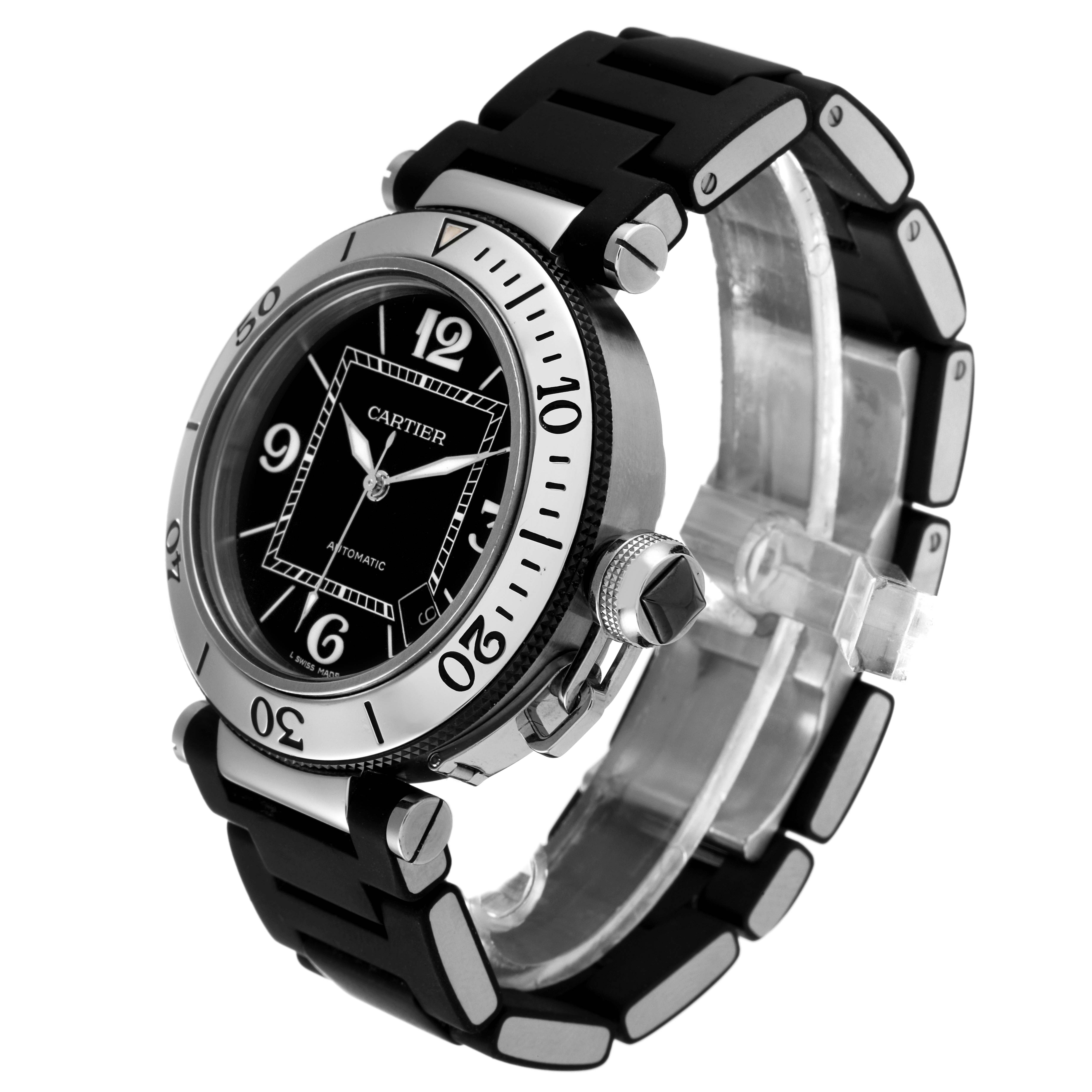 The image shows a Cartier Pasha W31077U2 Men
s Stainless Steel Black Dial W31077U2 Men
s Stainless Steel Black Dial model watch from a front angled view, highlighting the bezel, dial, and part of the strap.