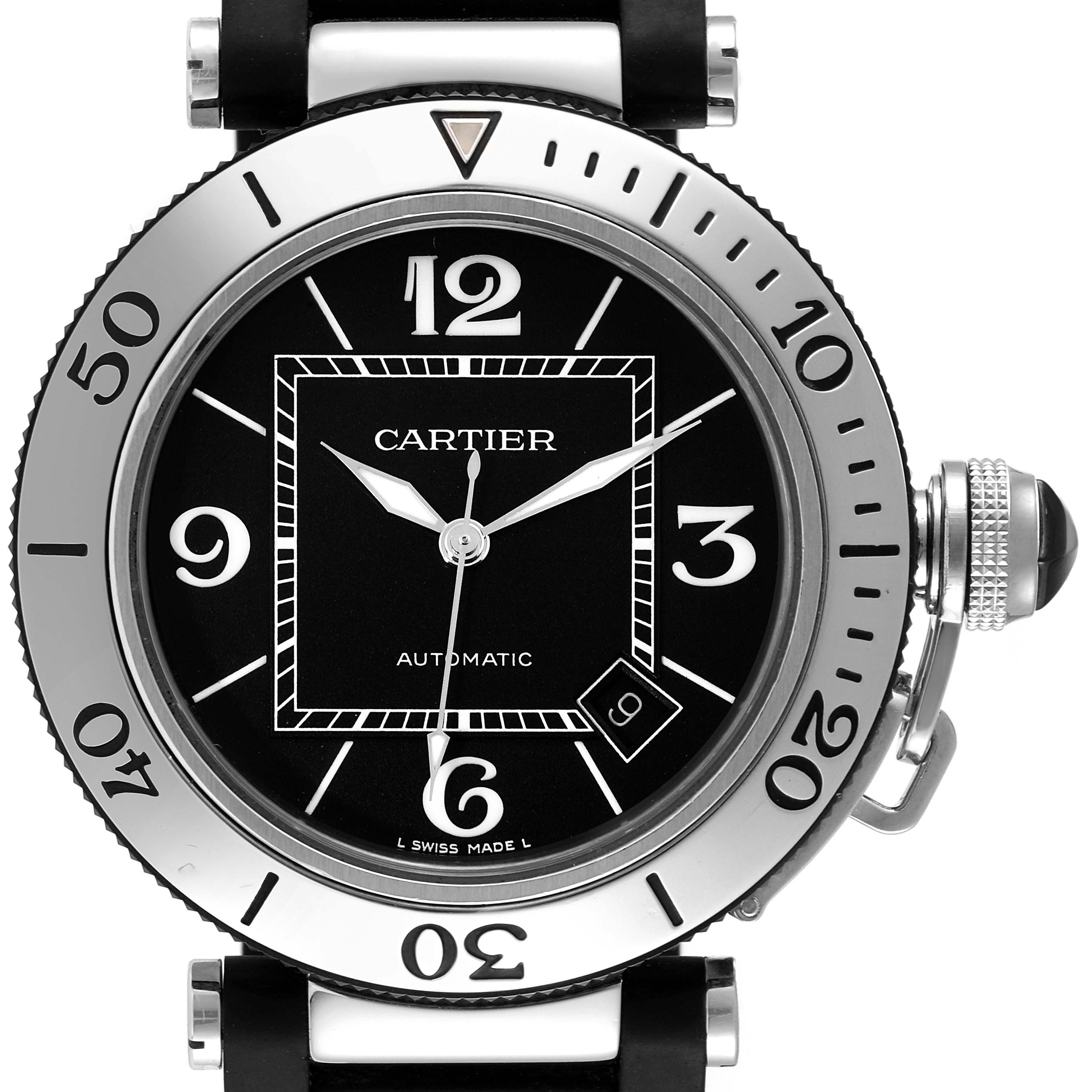 The image shows a front view of a Cartier Pasha W31077U2 Men
s Stainless Steel Black Dial W31077U2 Men
s Stainless Steel Black Dial model watch, highlighting its dial, bezel, and crown.