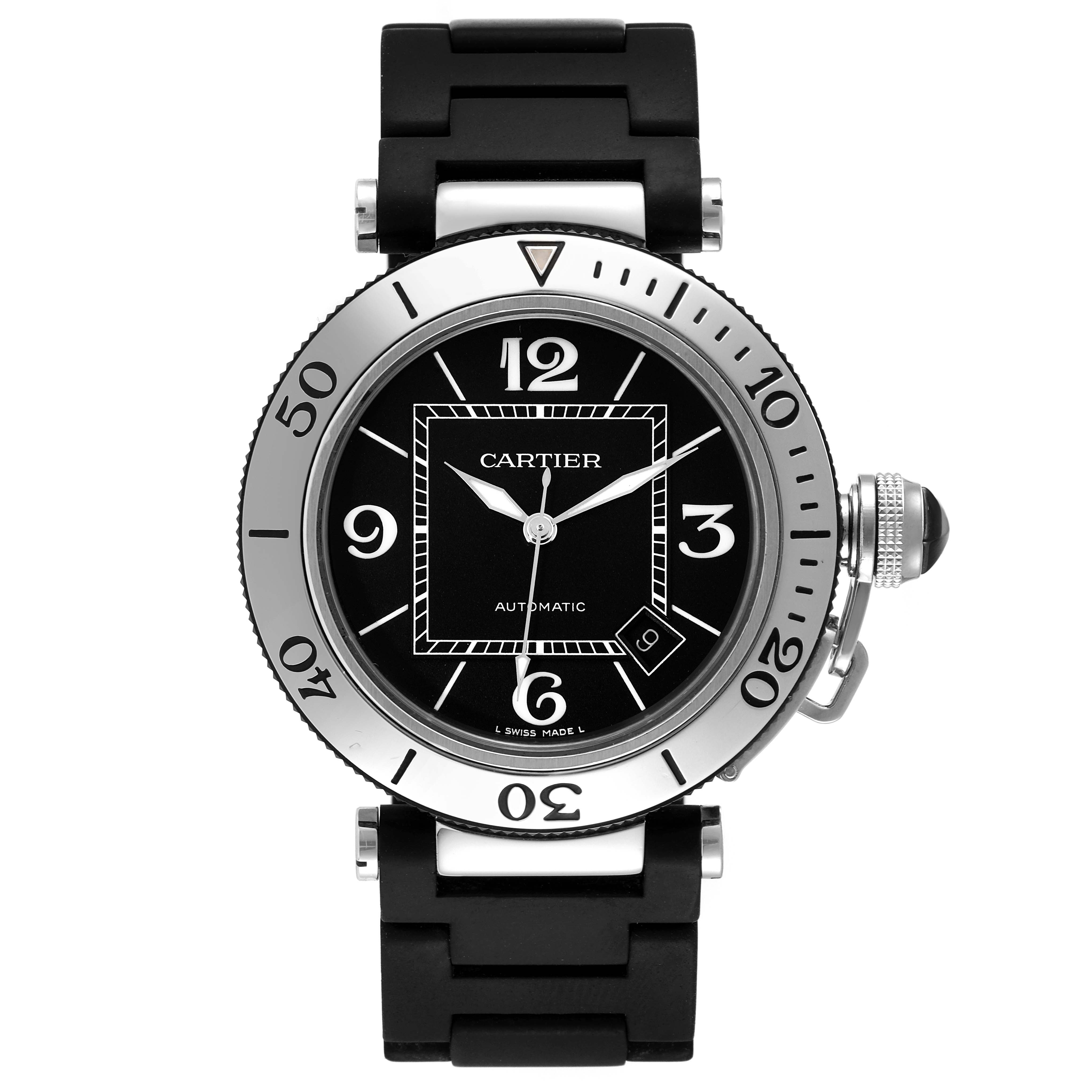 This image shows a front view of the Cartier Pasha W31077U2 Men
s Stainless Steel Black Dial W31077U2 Men
s Stainless Steel Black Dial watch, displaying the dial, bezel, hands, and part of the strap.