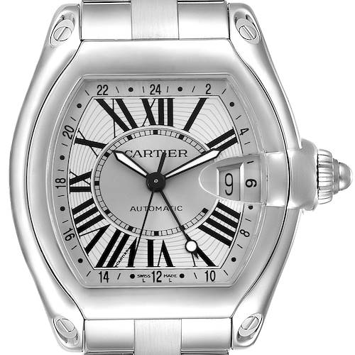 The Cartier Roadster watch is shown from a front angle, highlighting the dial, Roman numerals, and date window.