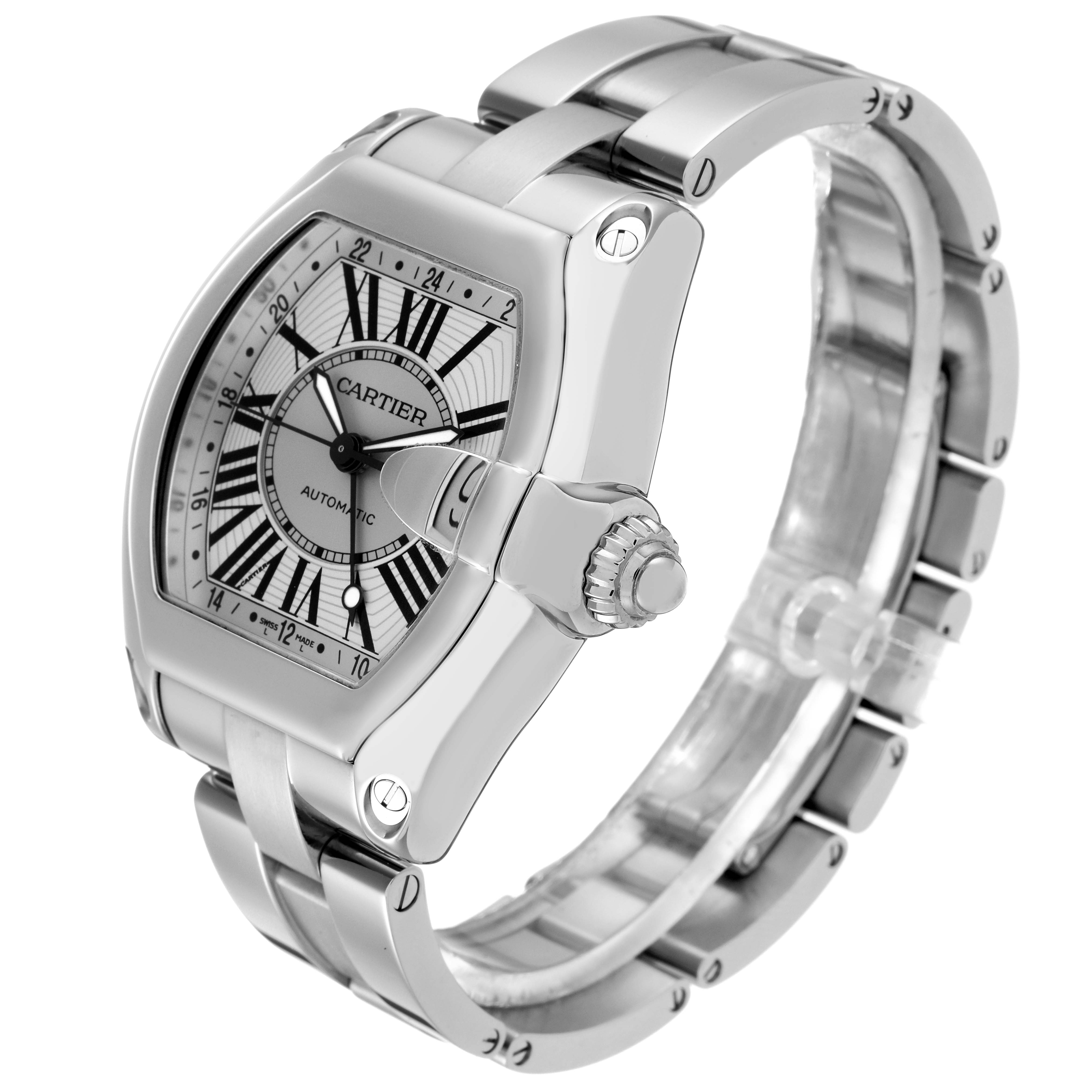 The Cartier Roadster W62032X6 Men's Stainless Steel Silver Dial W62032X6 Men's Stainless Steel Silver Dial watch is shown at an angle highlighting the face, crown, and bracelet.