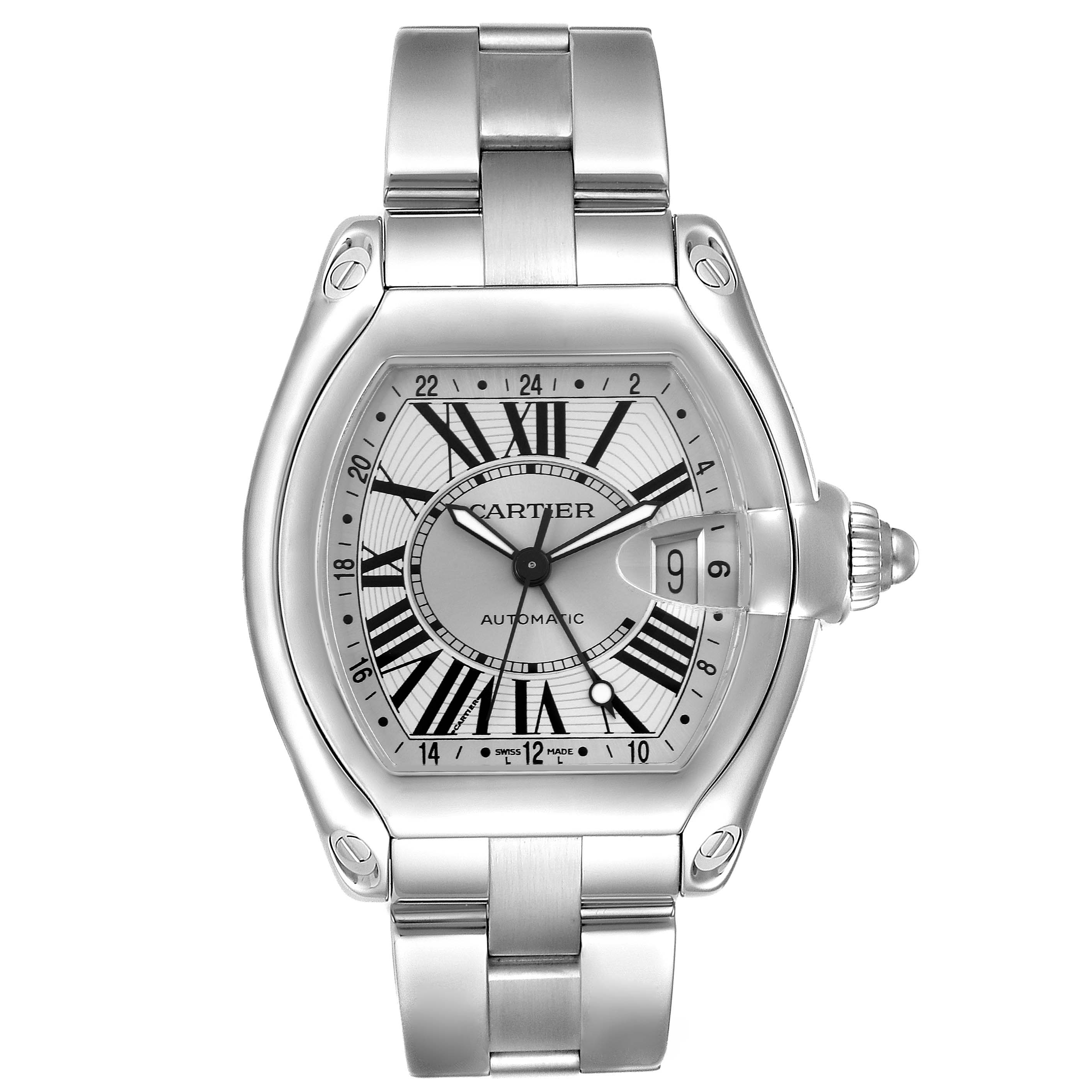 The Cartier Roadster W62032X6 Men's Stainless Steel Silver Dial W62032X6 Men's Stainless Steel Silver Dial watch is shown from a top-down angle, displaying the face, bezel, crown, and bracelet.