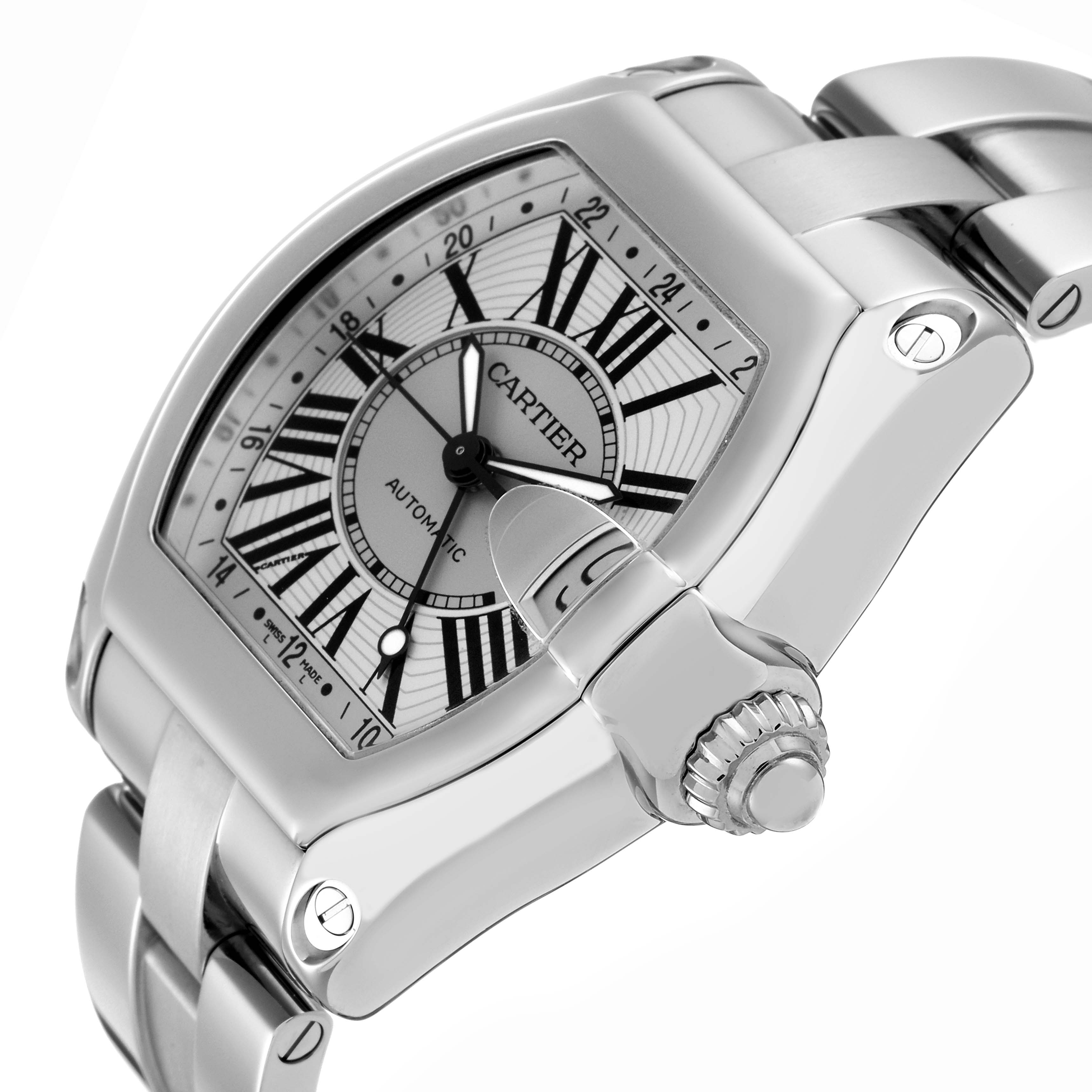 The Cartier Roadster W62032X6 Men's Stainless Steel Silver Dial W62032X6 Men's Stainless Steel Silver Dial watch is shown from an angled view, highlighting the dial, bezel, and crown.