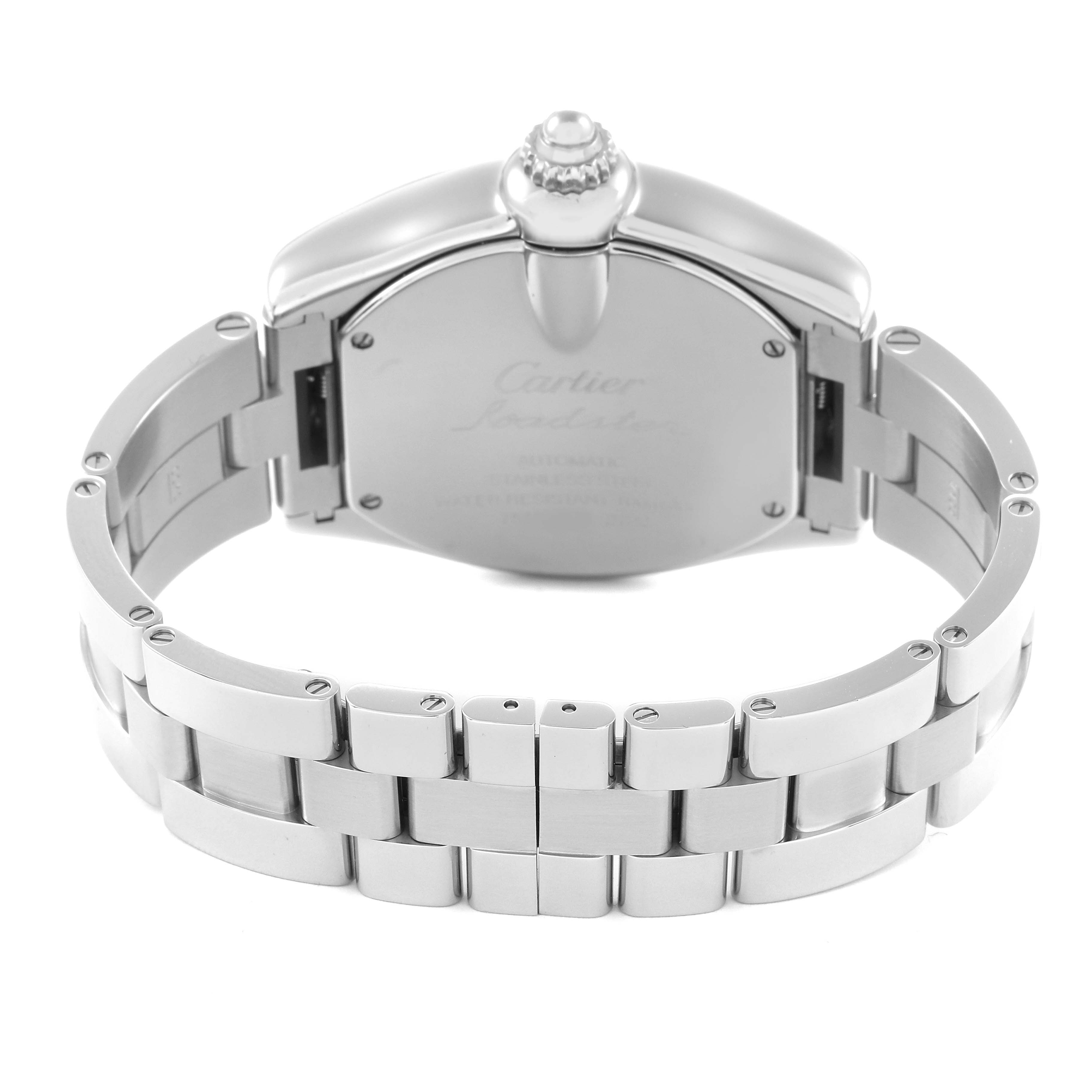 The image shows the back of the Cartier Roadster W62032X6 Men's Stainless Steel Silver Dial W62032X6 Men's Stainless Steel Silver Dial watch, highlighting the bracelet and clasp details.