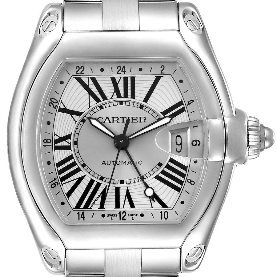 The Cartier Roadster watch is shown in a direct frontal view, highlighting the face, bezel, and part of the bracelet.