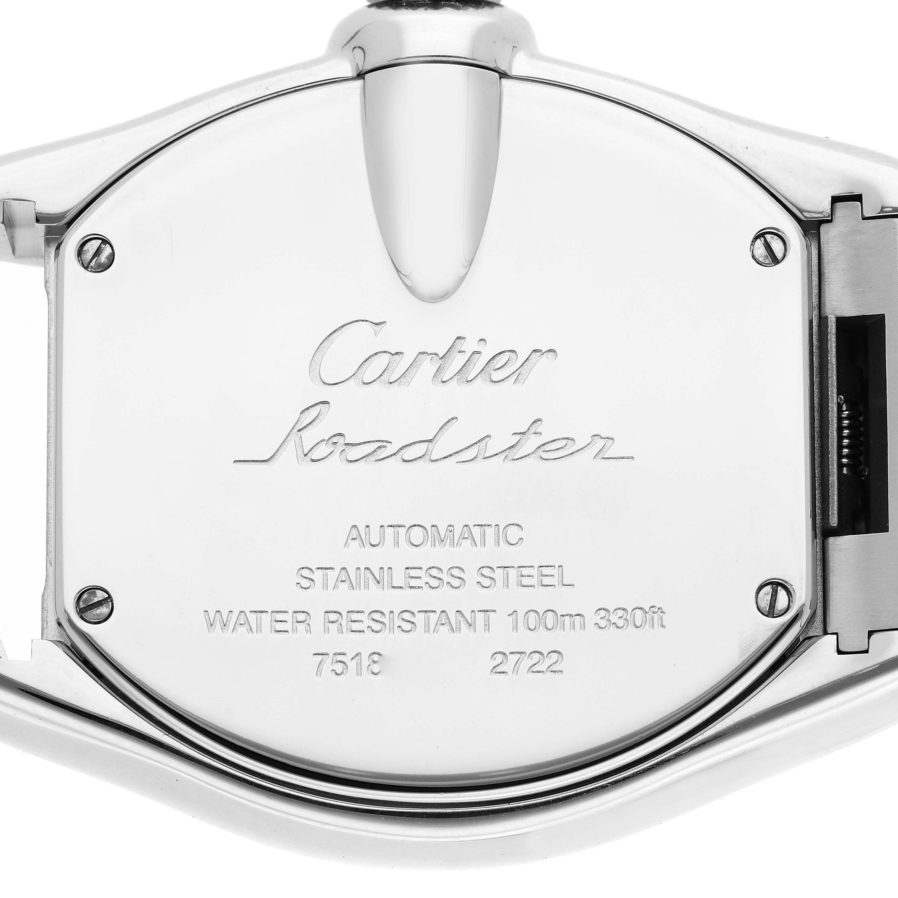 The image shows the back case of the Cartier Roadster W62032X6 Men's Stainless Steel Silver Dial W62032X6 Men's Stainless Steel Silver Dial watch, highlighting its engravings and screws.