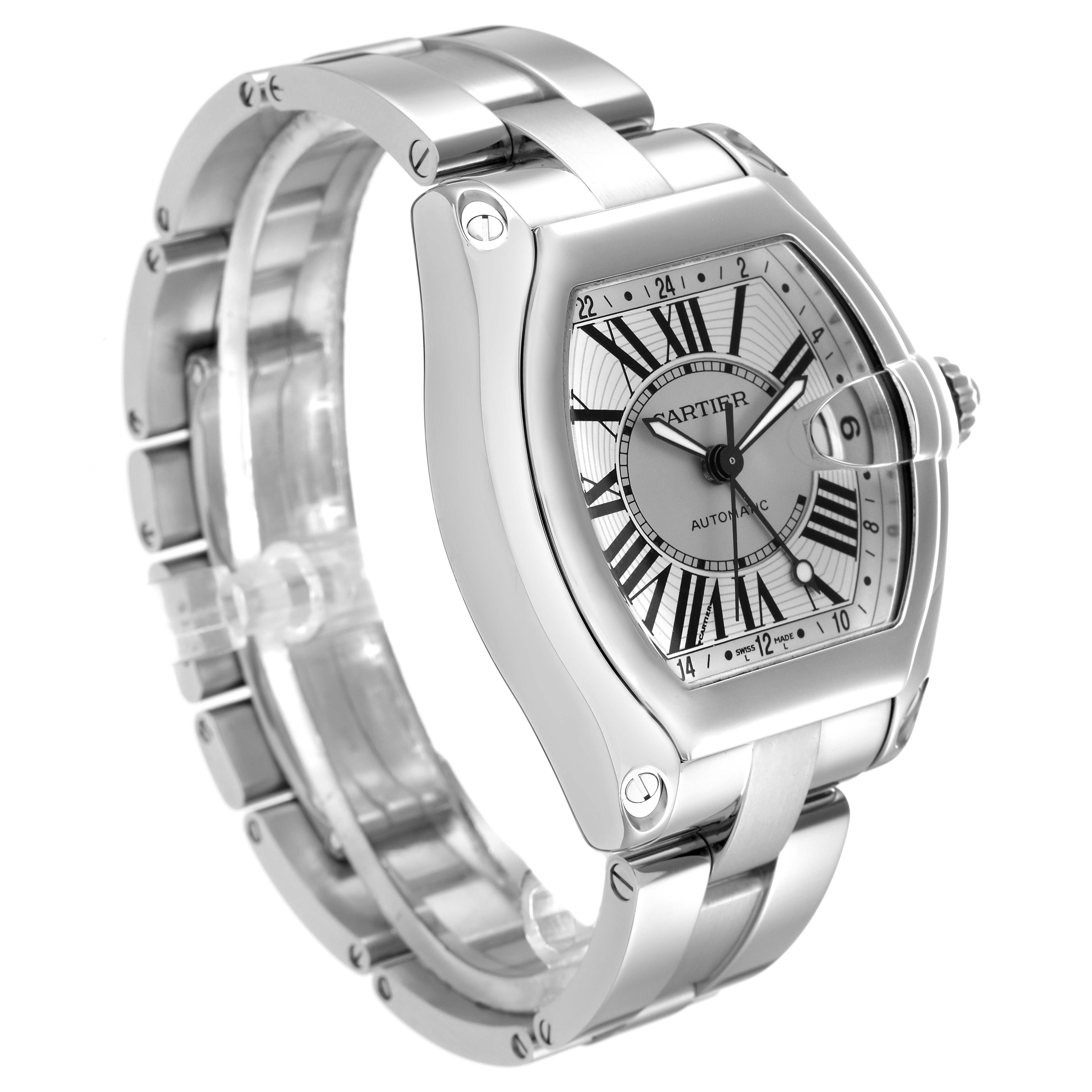 The Cartier Roadster W62032X6 Men's Stainless Steel Silver Dial W62032X6 Men's Stainless Steel Silver Dial watch is shown at a three-quarter angle, displaying the face, bezel, and bracelet.