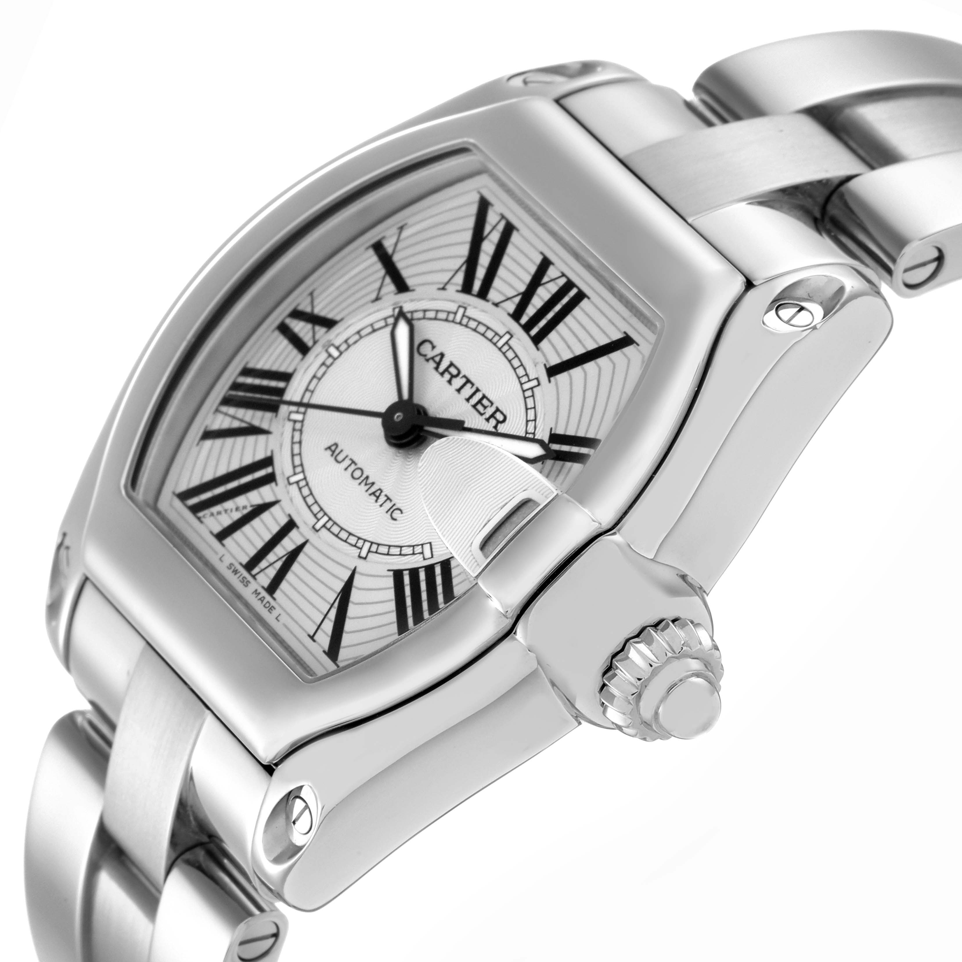 The Cartier Roadster W62025V3 Men's Stainless Steel Silver Dial W62025V3 Men's Stainless Steel Silver Dial watch is shown at an angled close-up, displaying the face, crown, and part of the bracelet.