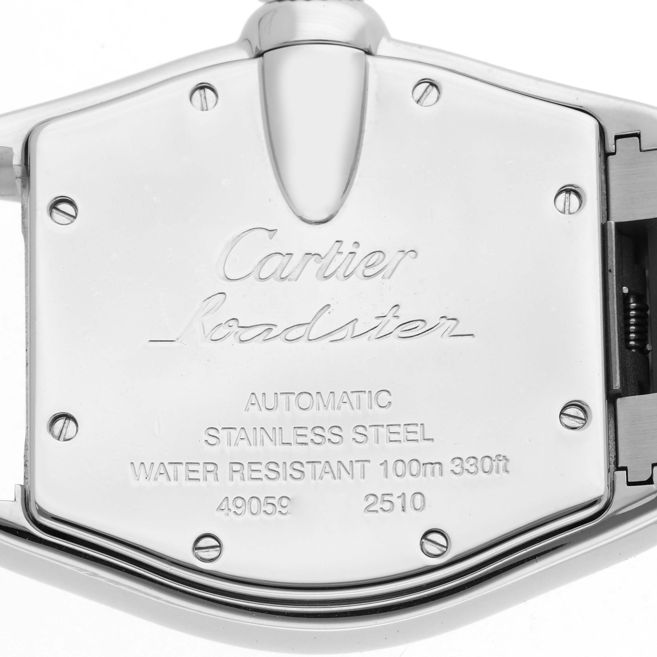 The image shows the back casing of a Cartier Roadster W62025V3 Men's Stainless Steel Silver Dial W62025V3 Men's Stainless Steel Silver Dial watch, highlighting details of its materials and specifications.