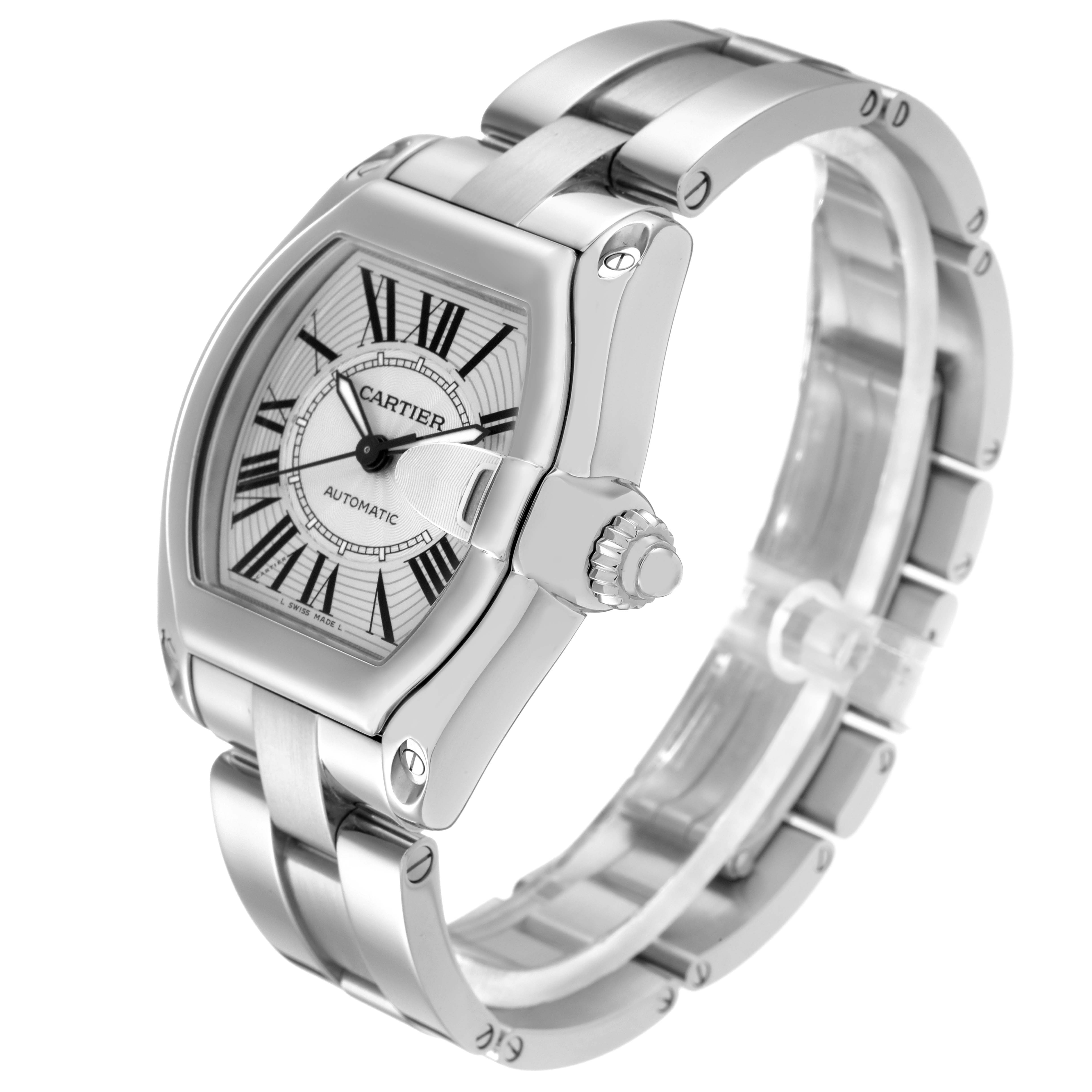 The Cartier Roadster W62025V3 Men's Stainless Steel Silver Dial W62025V3 Men's Stainless Steel Silver Dial watch is shown at an angle highlighting its case, dial, and bracelet with a clear view of the crown.