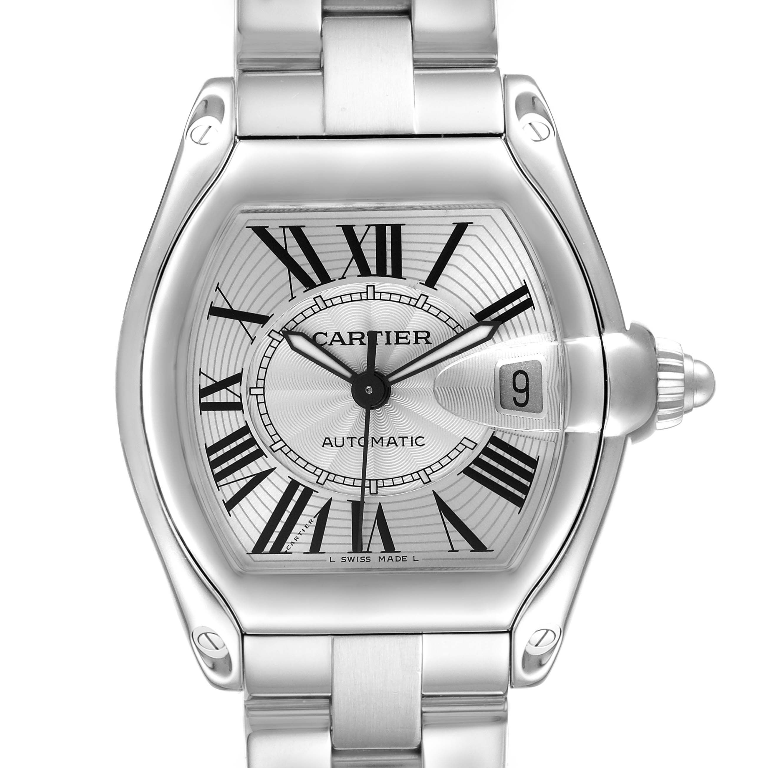 The Cartier Roadster W62025V3 Men's Stainless Steel Silver Dial W62025V3 Men's Stainless Steel Silver Dial watch is shown from the front, highlighting the face, Roman numerals, and date window.
