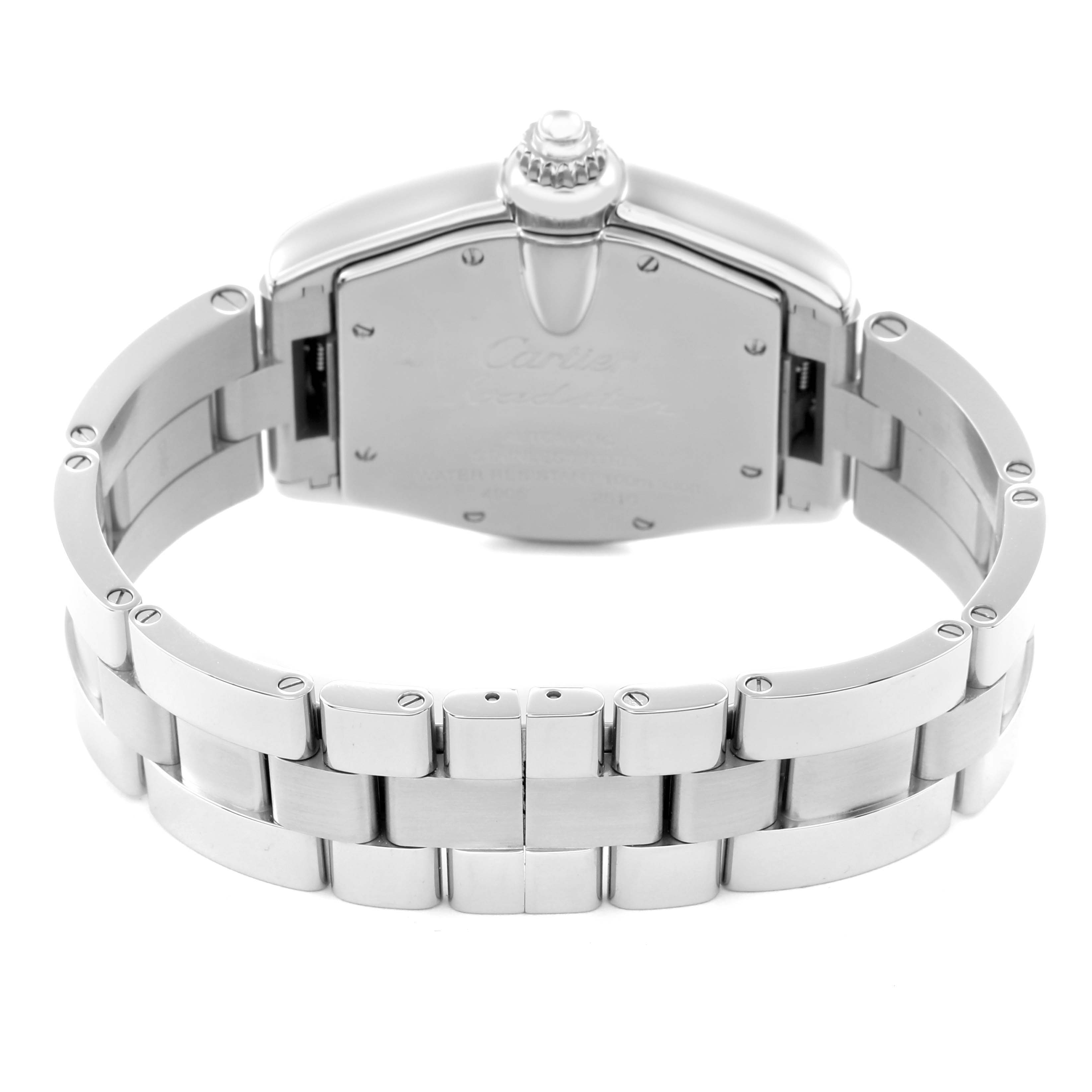 The Cartier Roadster W62025V3 Men's Stainless Steel Silver Dial W62025V3 Men's Stainless Steel Silver Dial watch is shown from the rear, highlighting the back case and stainless steel bracelet.