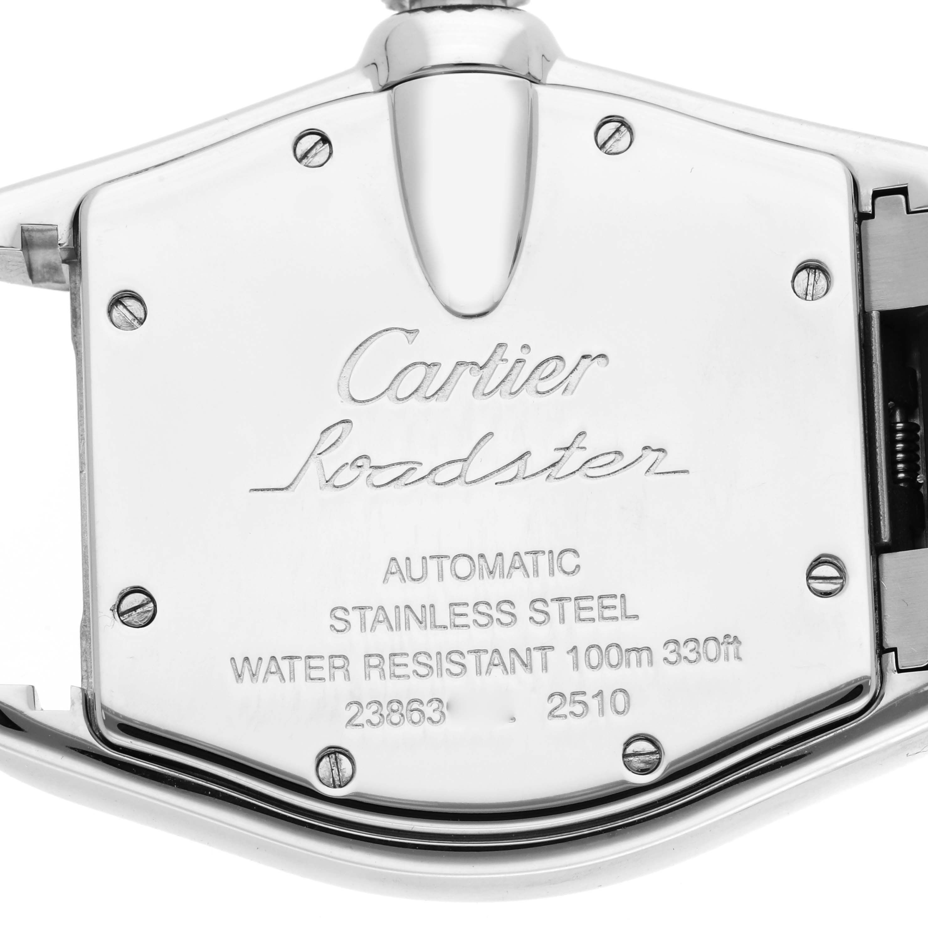 The image shows the back case of a Cartier Roadster W62025V3 Men's Stainless Steel Silver Dial W62025V3 Men's Stainless Steel Silver Dial watch, displaying its specifications and logo.