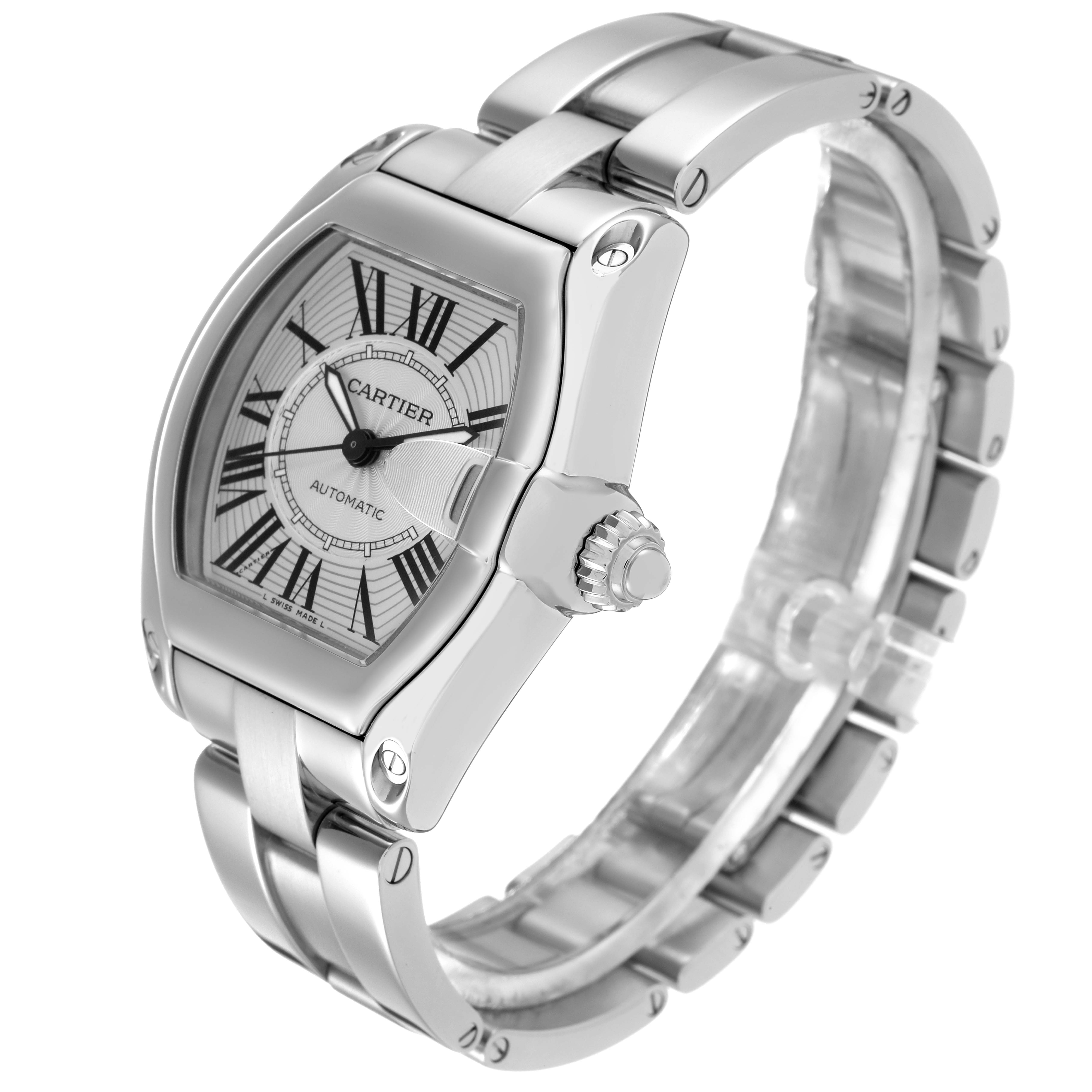 The Cartier Roadster W62025V3 Men's Stainless Steel Silver Dial W62025V3 Men's Stainless Steel Silver Dial watch is shown at an angle highlighting the face, crown, and bracelet.