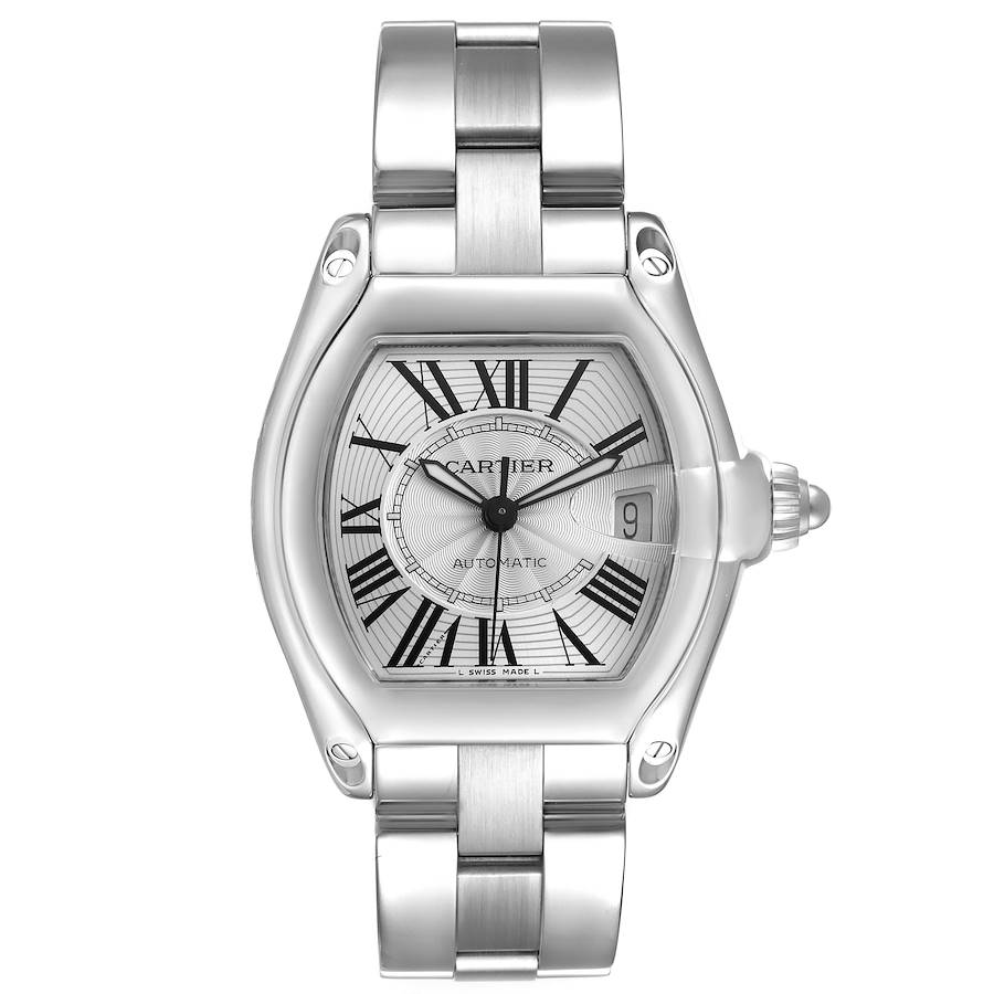 The Cartier Roadster watch is shown from a front view, highlighting the dial, Roman numerals, bracelet, and crown.