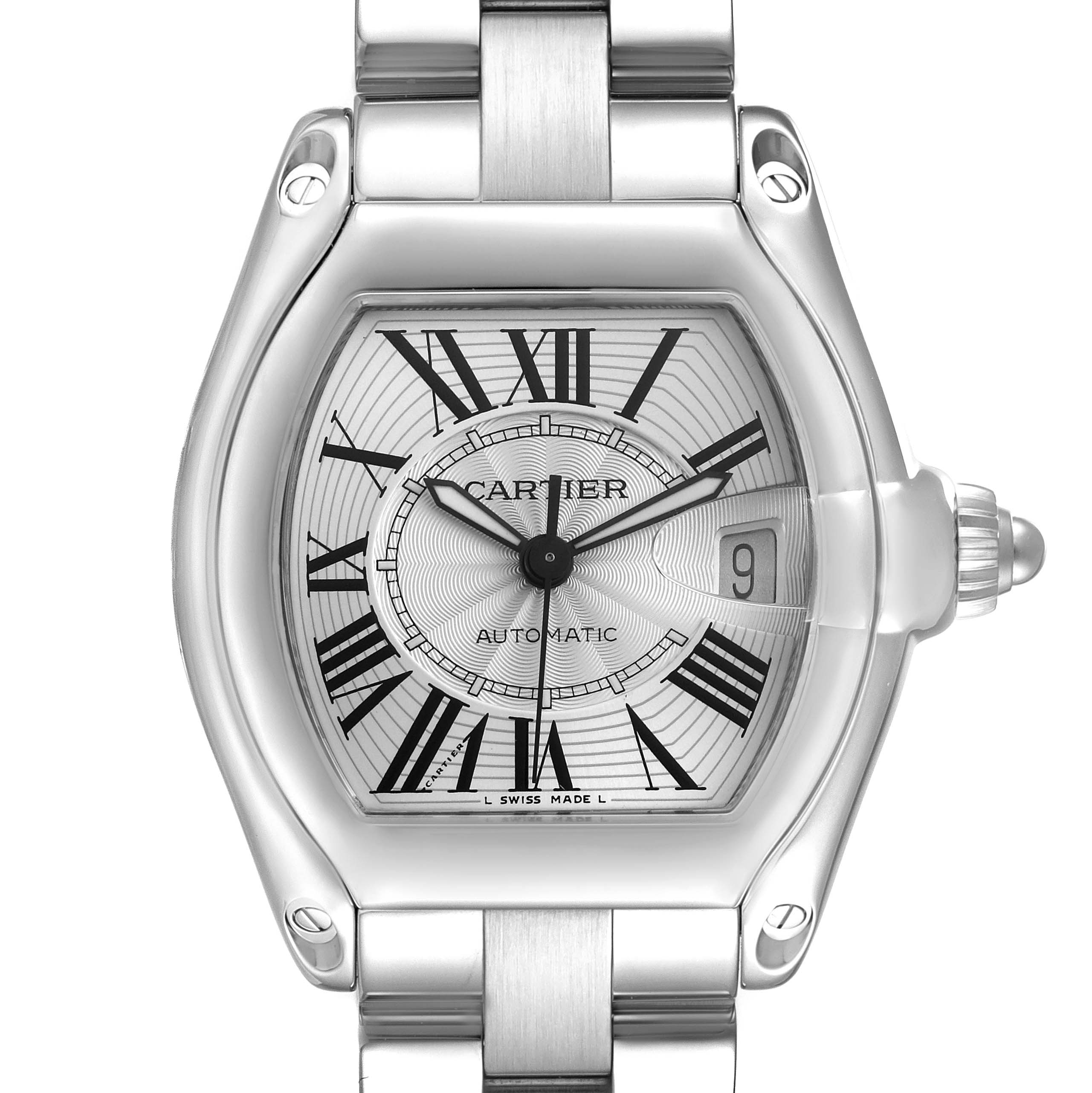 The Cartier Roadster W62025V3 Men's Stainless Steel Silver Dial W62025V3 Men's Stainless Steel Silver Dial watch is shown from a top-down angle, highlighting the dial, case, and bracelet.