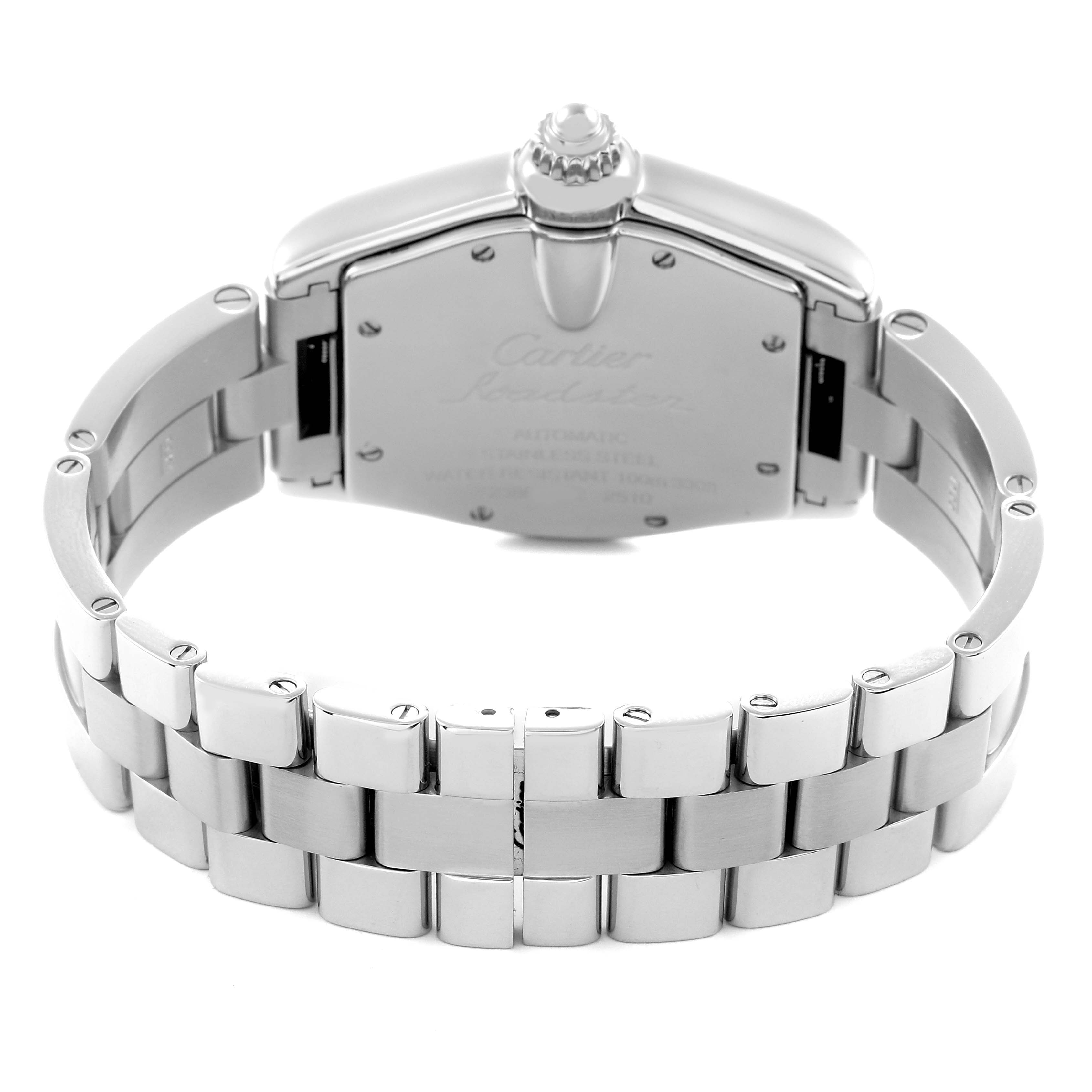 The image shows the Cartier Roadster W62025V3 Men's Stainless Steel Silver Dial W62025V3 Men's Stainless Steel Silver Dial watch from a rear angle, highlighting the bracelet and case back.