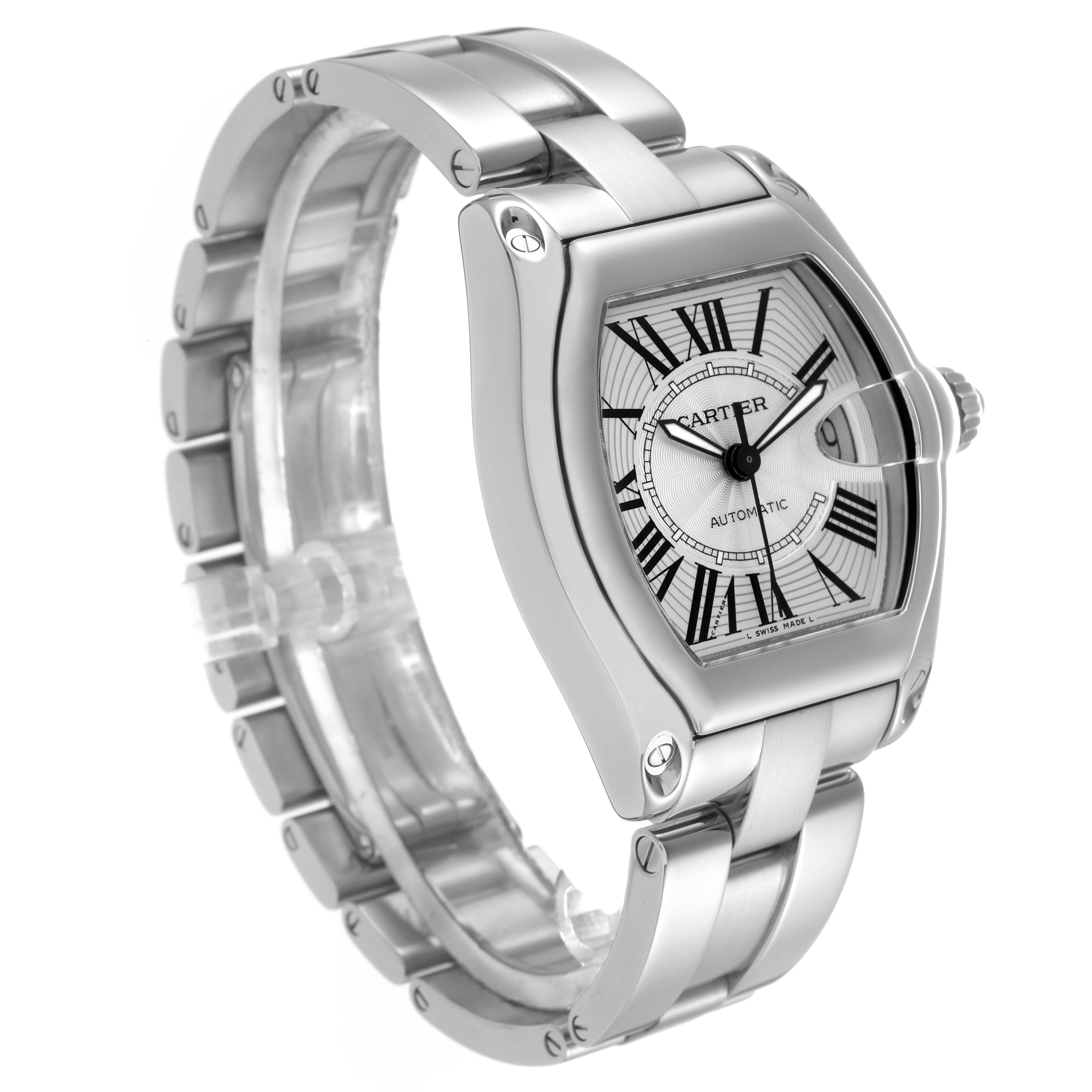 The Cartier Roadster W62025V3 Men's Stainless Steel Silver Dial W62025V3 Men's Stainless Steel Silver Dial watch is shown at a three-quarter angle, highlighting its stainless steel case and bracelet.