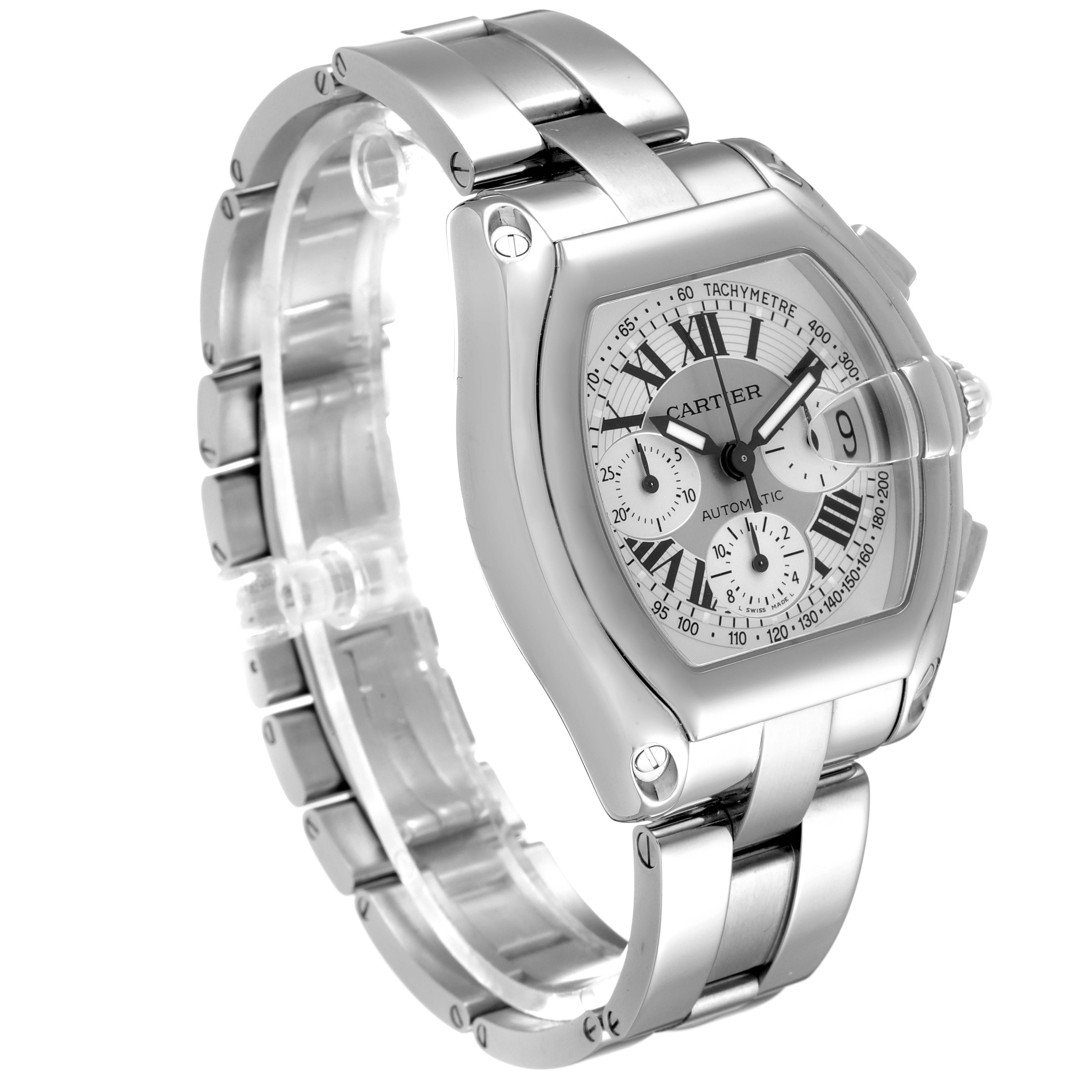 The Cartier Roadster W62006X6 Men
s Stainless Steel Silver Dial W62006X6 Men
s Stainless Steel Silver Dial watch is shown at a three-quarter angle, highlighting the dial, bezel, and bracelet.