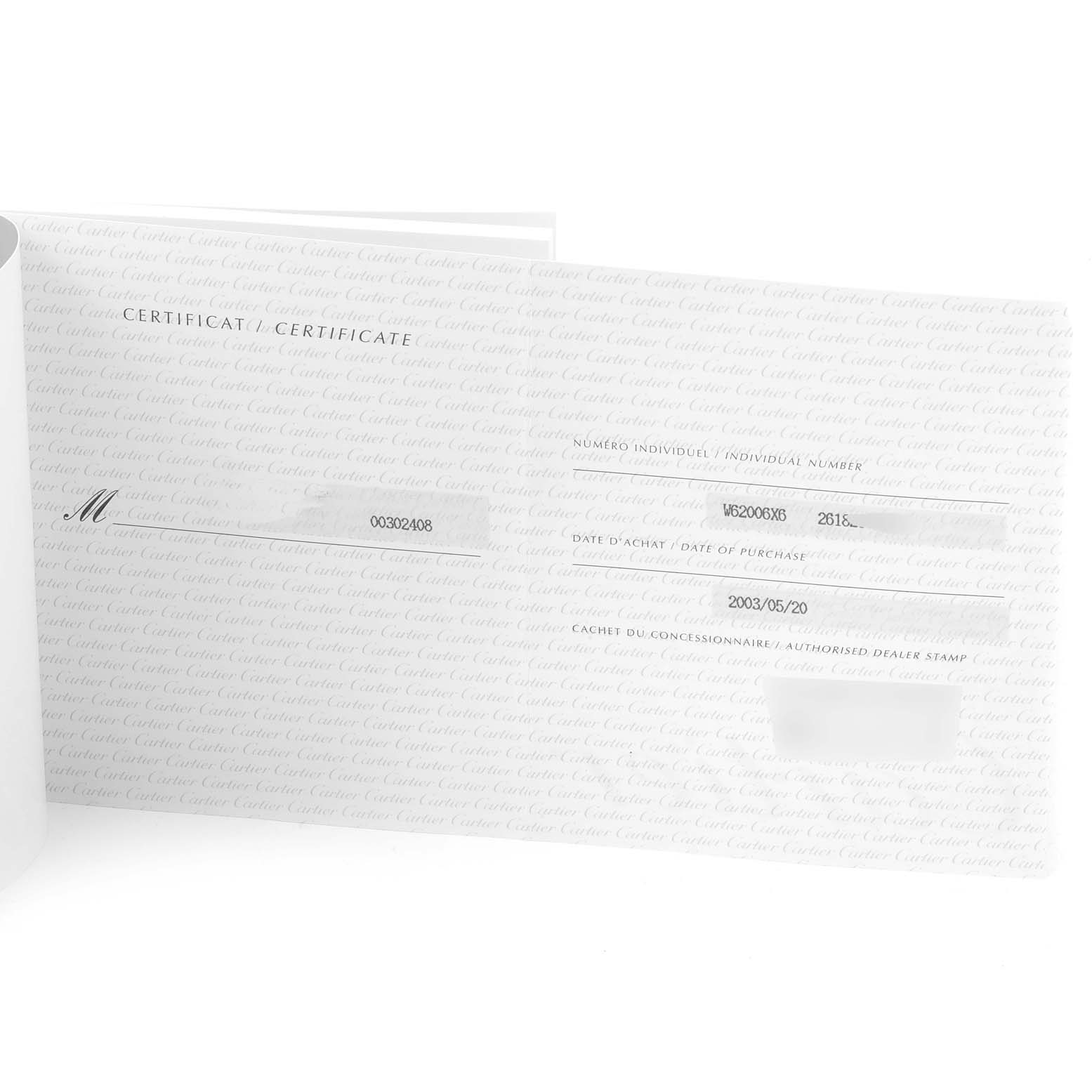 The image shows the certificate for the Cartier Roadster W62006X6 Men
s Stainless Steel Silver Dial W62006X6 Men
s Stainless Steel Silver Dial watch, displaying purchase details and serial numbers.