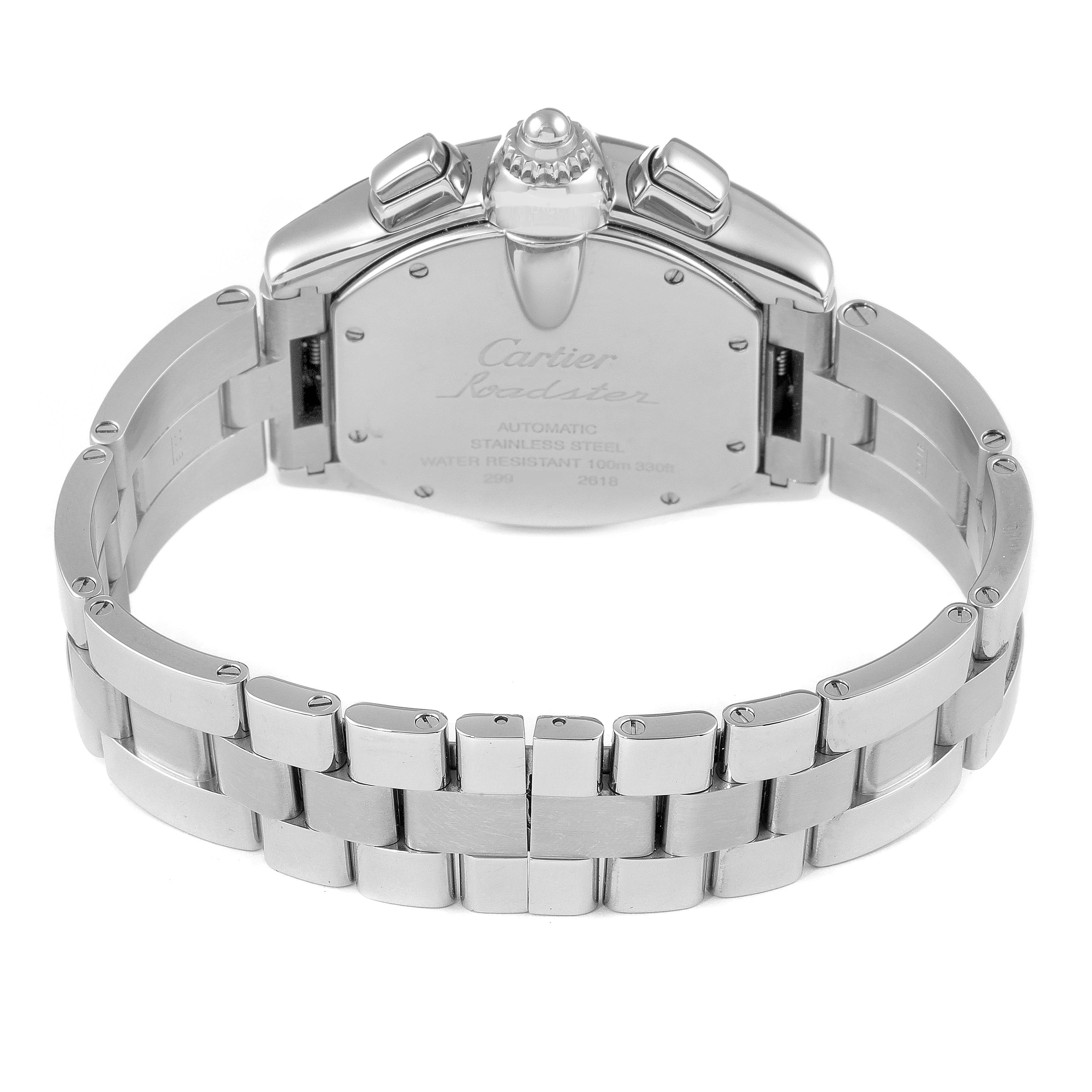 This image shows the back view of a Cartier Roadster W62006X6 Men
s Stainless Steel Silver Dial W62006X6 Men
s Stainless Steel Silver Dial watch, highlighting its stainless steel bracelet and case back.