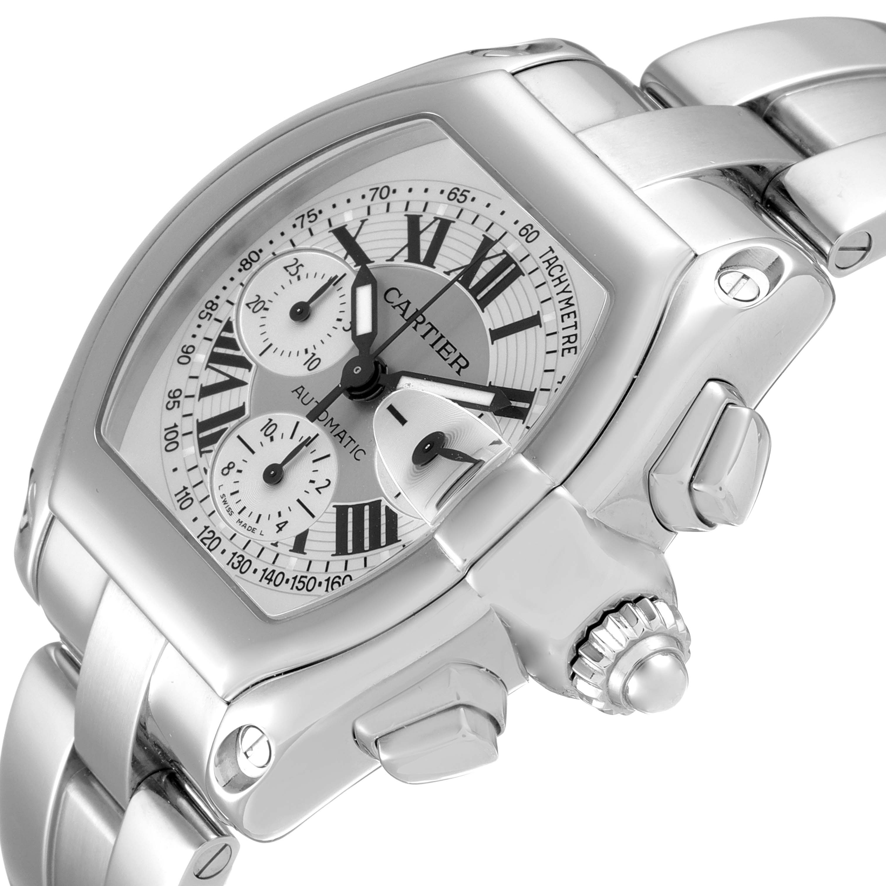 The image shows a close-up angled view of the face and side buttons of the Cartier Roadster W62006X6 Men
s Stainless Steel Silver Dial W62006X6 Men
s Stainless Steel Silver Dial watch.