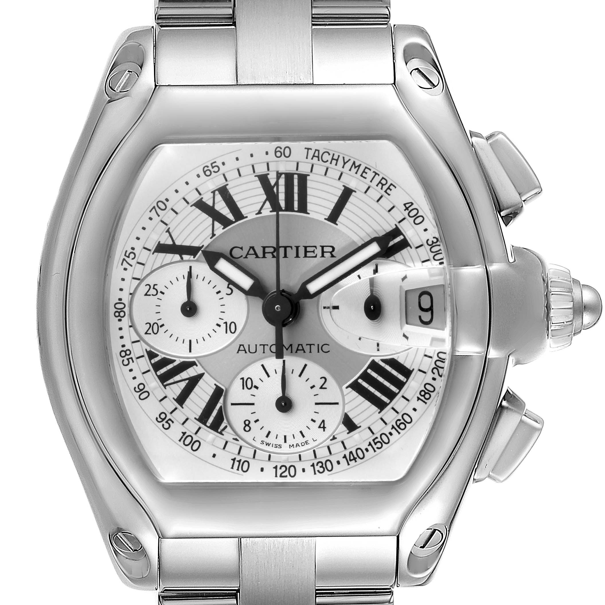 This image displays a front view of the Cartier Roadster W62006X6 Men
s Stainless Steel Silver Dial W62006X6 Men
s Stainless Steel Silver Dial watch, showcasing its dial and stainless steel case.