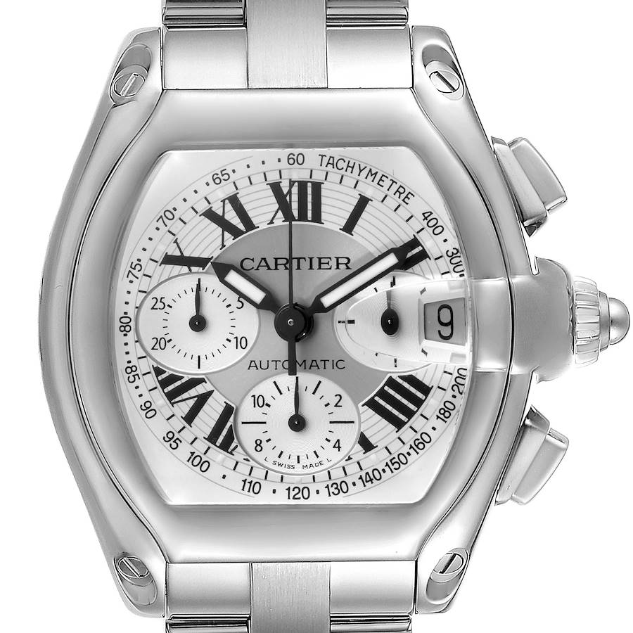 Cartier Roadster Silver Dial Chronograph Steel Watch W62006X6 Box Papers SwissWatchExpo