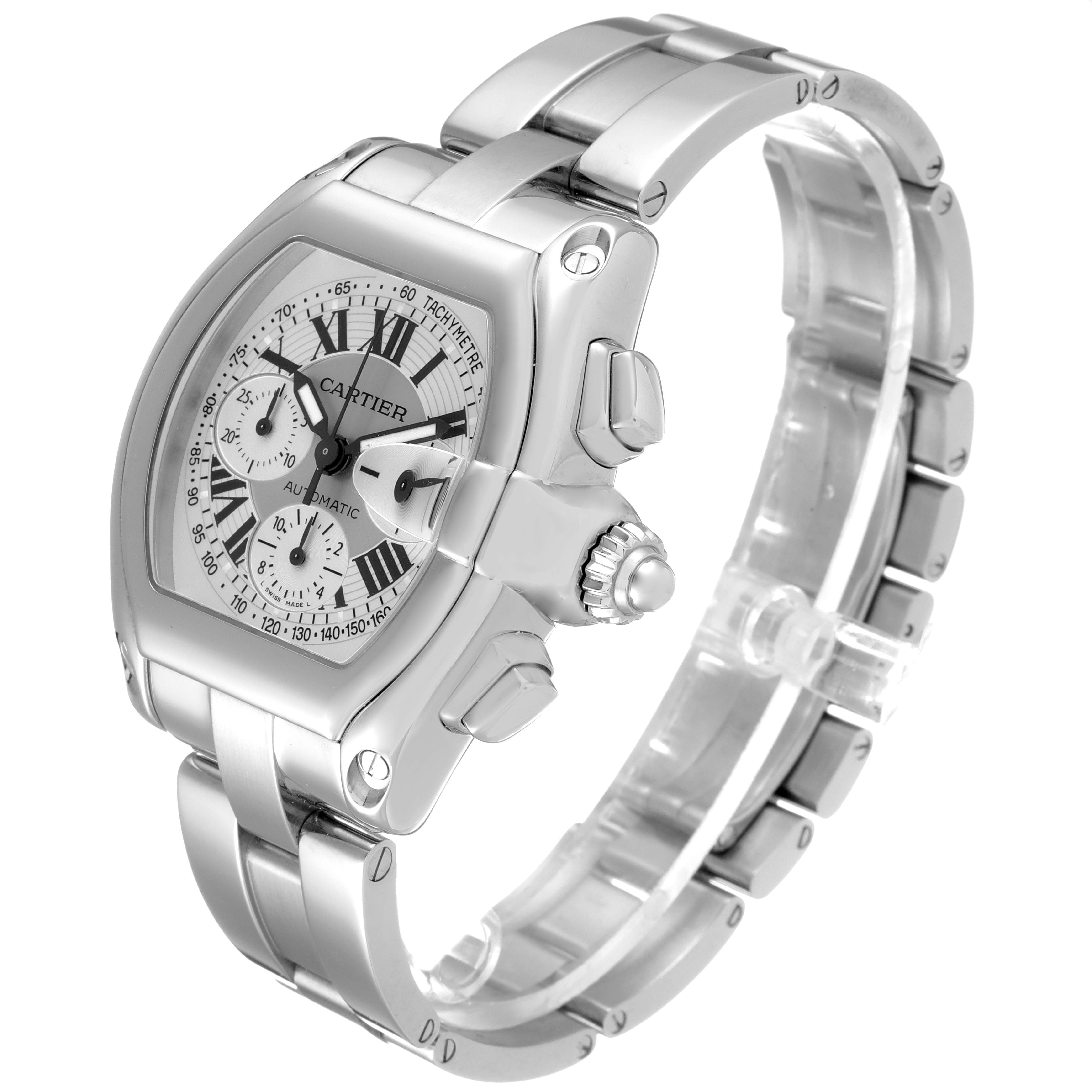 The image shows a Cartier Roadster W62006X6 Men
s Stainless Steel Silver Dial W62006X6 Men
s Stainless Steel Silver Dial watch at an oblique angle, displaying the face, case, bracelet, and crown with pushers.