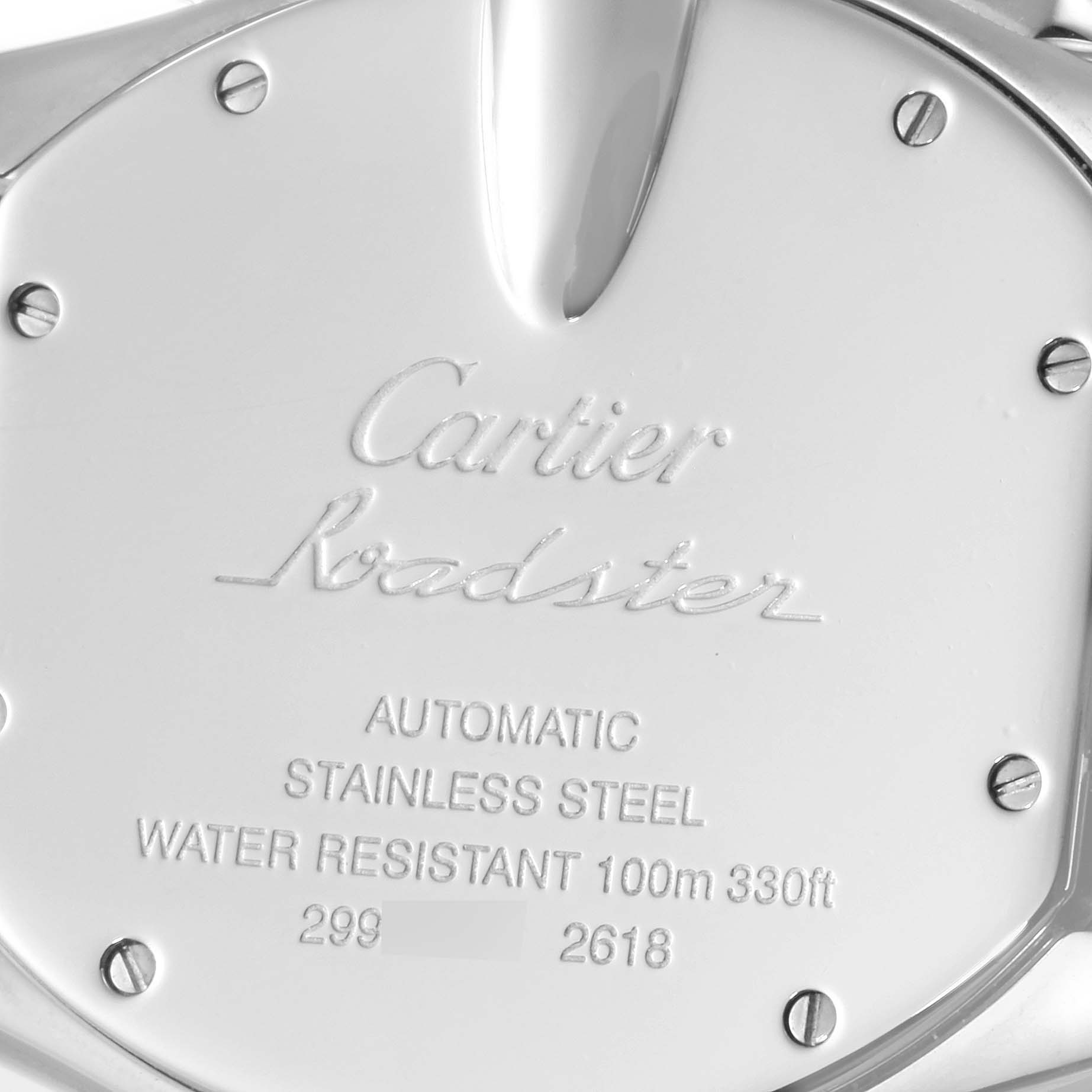 This image shows the back case of a Cartier Roadster W62006X6 Men
s Stainless Steel Silver Dial W62006X6 Men
s Stainless Steel Silver Dial watch, highlighting engravings and screw details.