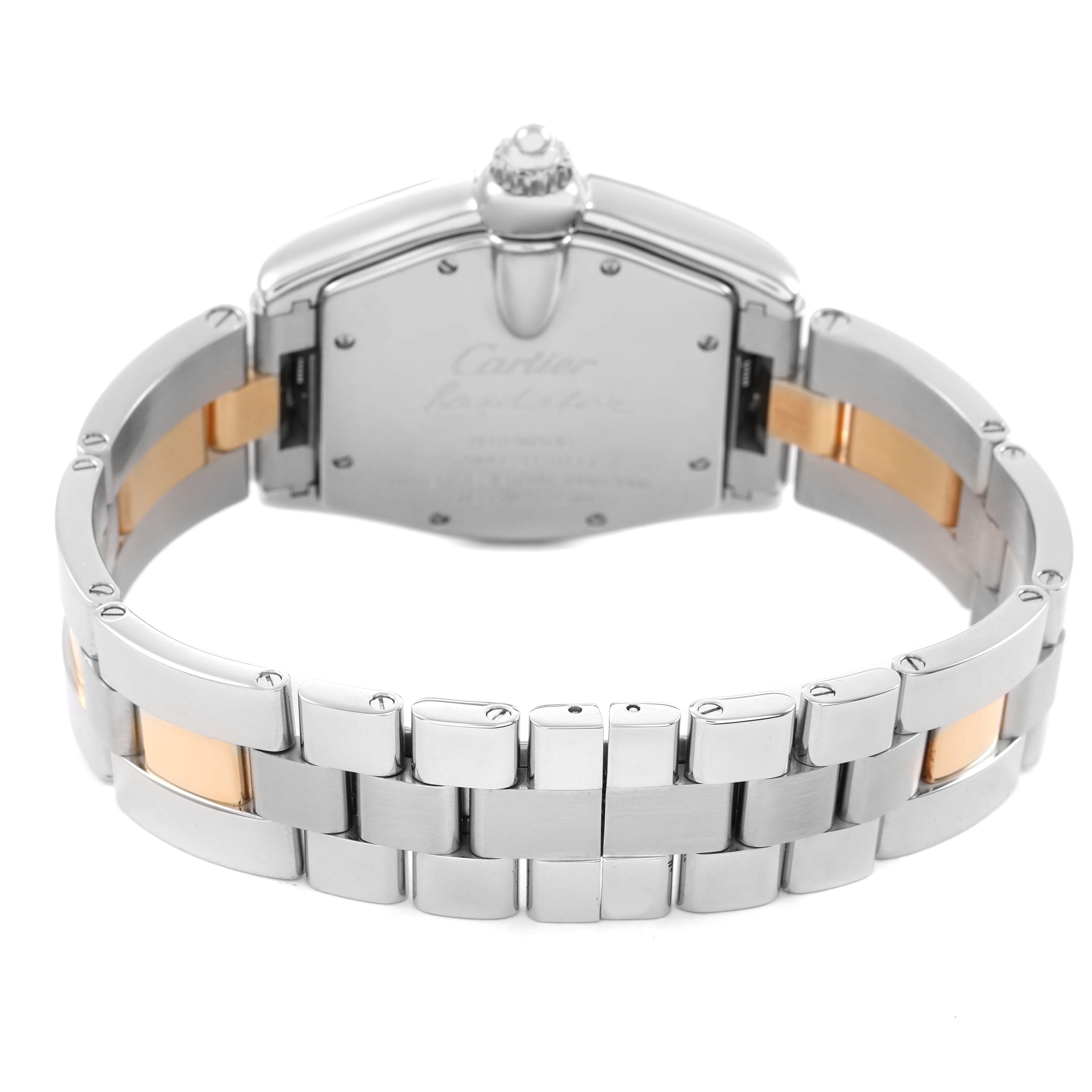 The image shows the back view of a Cartier Roadster W62031Y4 Men's Steel and Gold (two tone) Silver Dial watch, highlighting its bracelet and clasp.