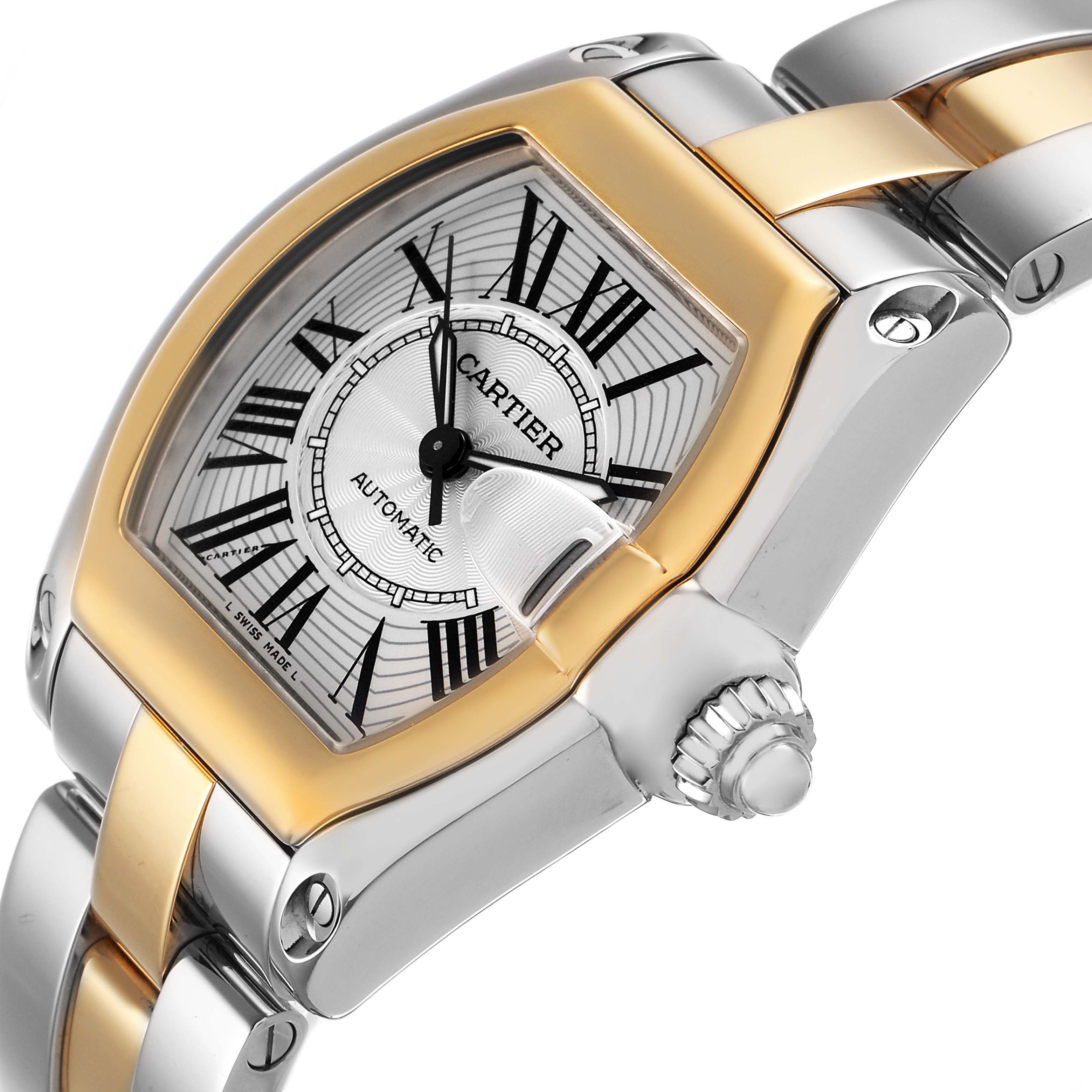 The Cartier Roadster W62031Y4 Men's Steel and Gold (two tone) Silver Dial watch is shown at an angled side view, highlighting the dial, case, crown, and part of the bracelet.