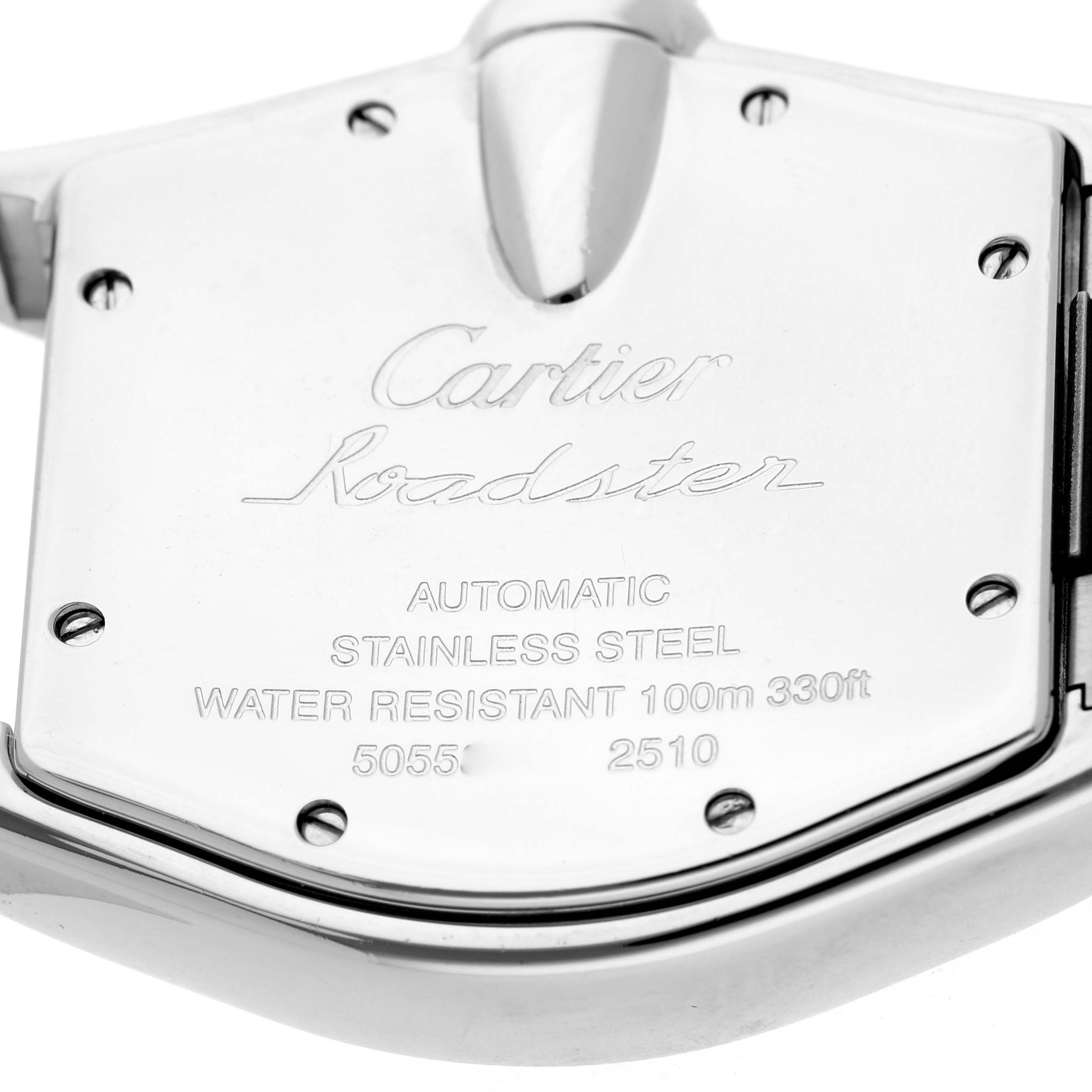 The image shows the back case of a Cartier Roadster W62031Y4 Men's Steel and Gold (two tone) Silver Dial watch, displaying engravings and screws.