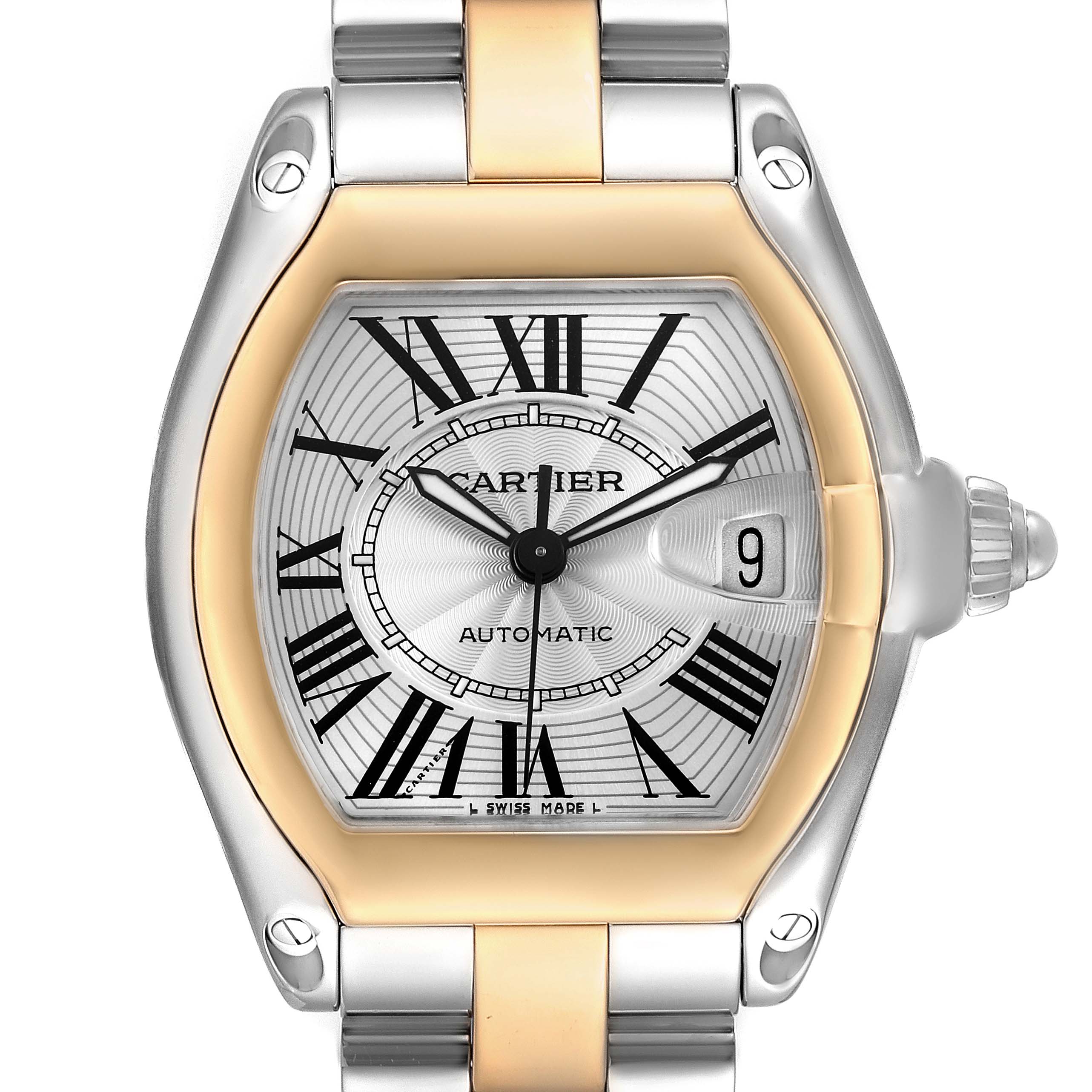 The Cartier Roadster W62031Y4 Men's Steel and Gold (two tone) Silver Dial watch is shown from a front view, showcasing the dial, crown, and part of the bracelet.