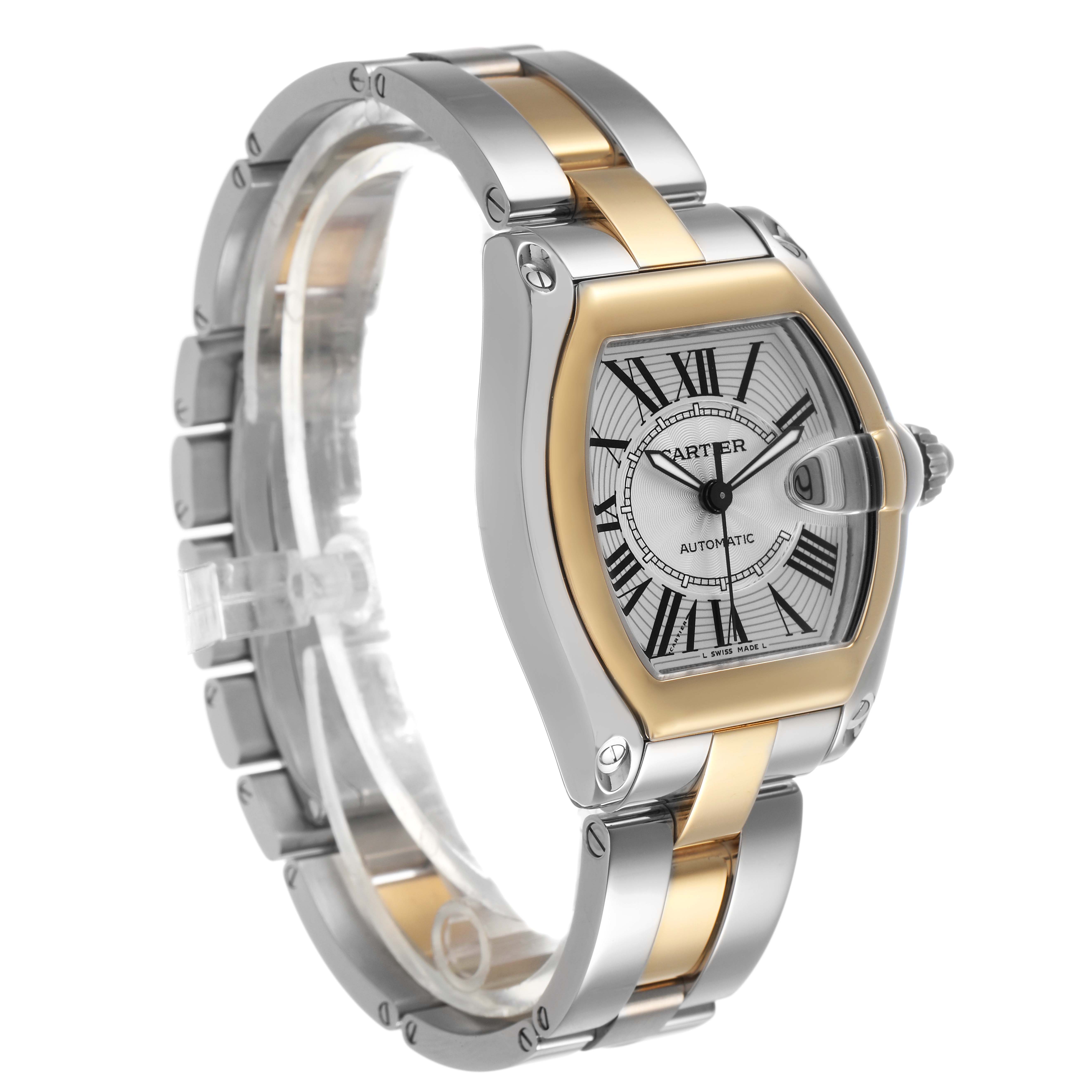 The Cartier Roadster W62031Y4 Men's Steel and Gold (two tone) Silver Dial watch is shown at a three-quarter angle, highlighting the gold and silver bracelet, case, and dial.