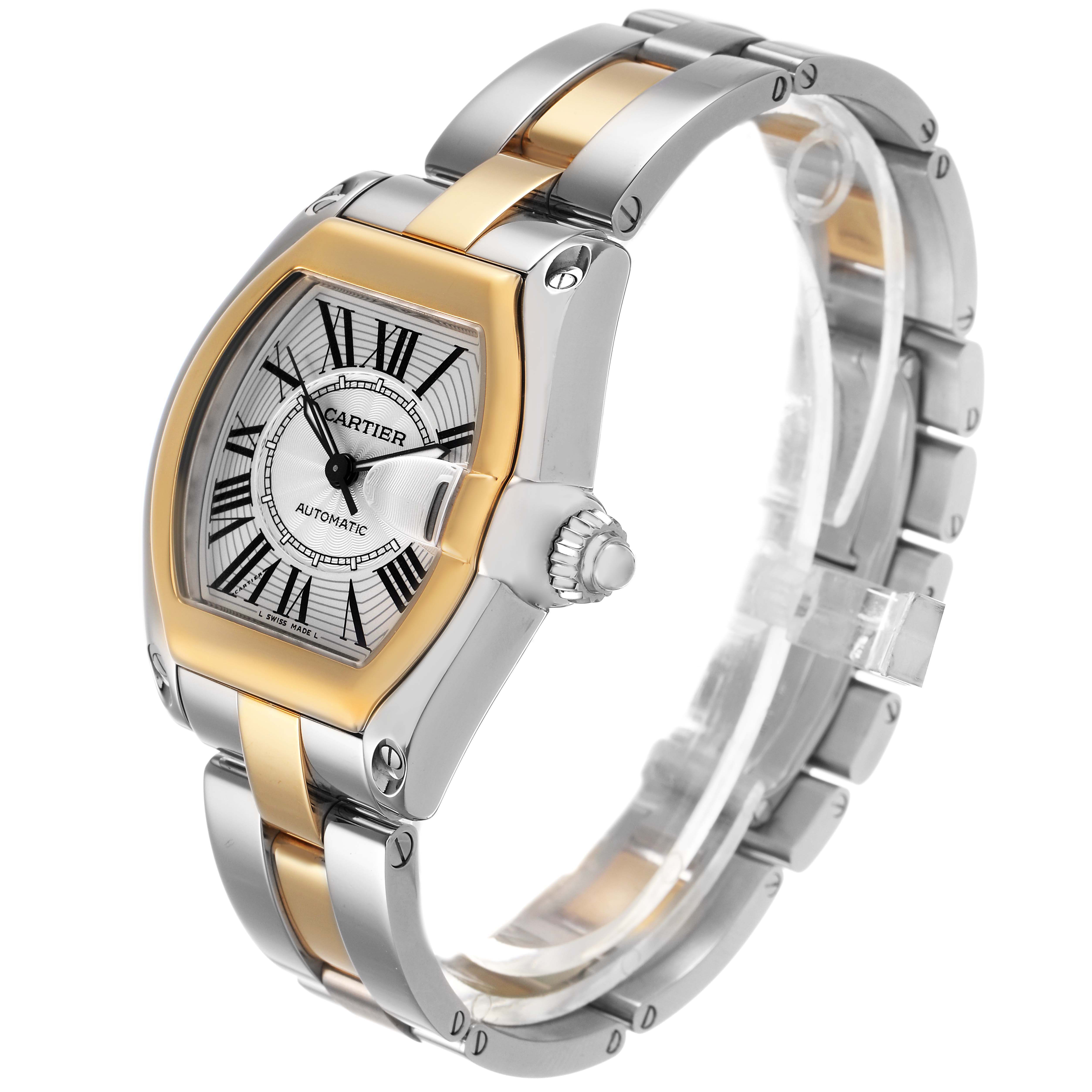 The Cartier Roadster W62031Y4 Men's Steel and Gold (two tone) Silver Dial watch is shown at a 3/4 angle, displaying the face, bezel, crown, and bracelet links.