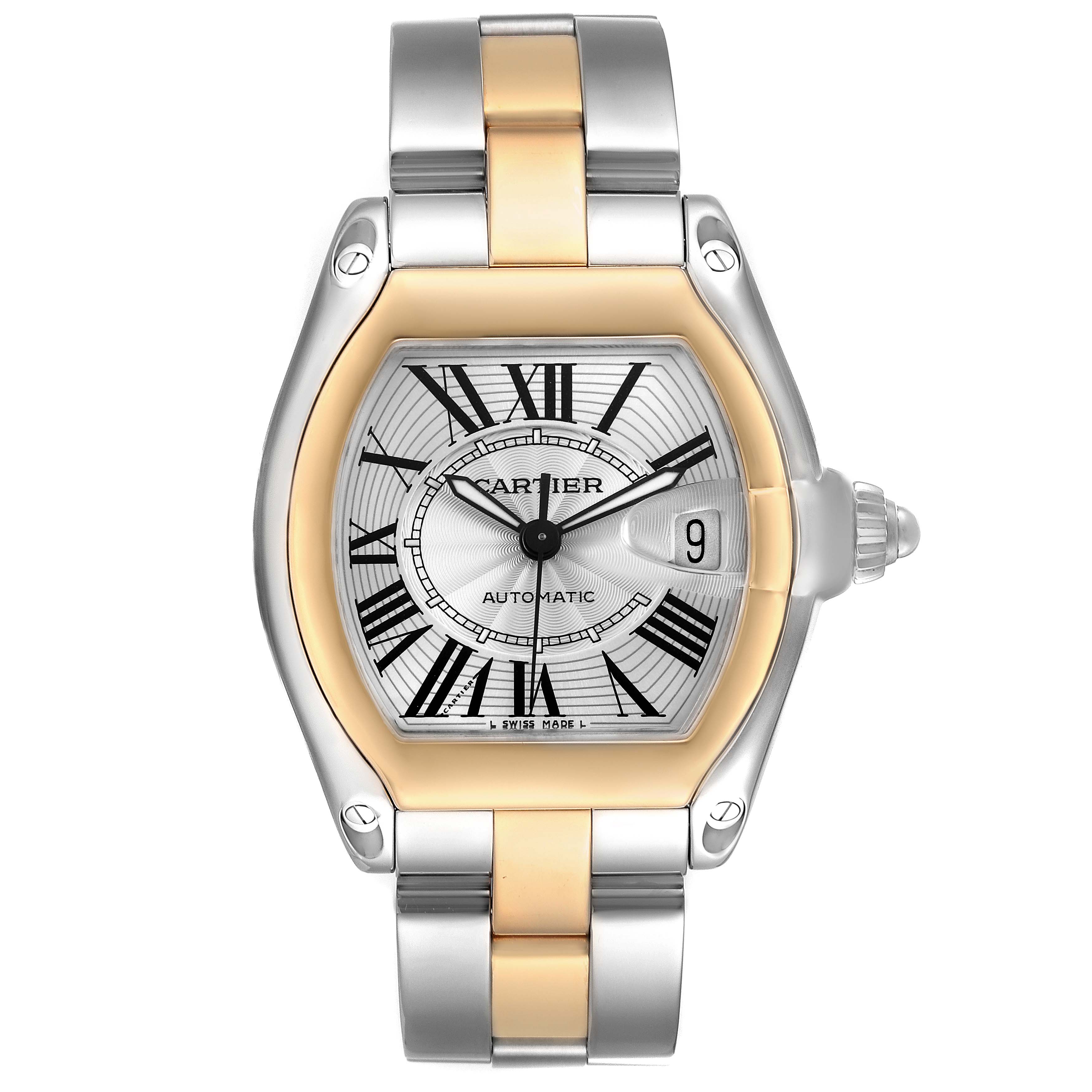 The Cartier Roadster W62031Y4 Men's Steel and Gold (two tone) Silver Dial watch is shown from the front, displaying its dial, case, and bracelet in a two-tone design.