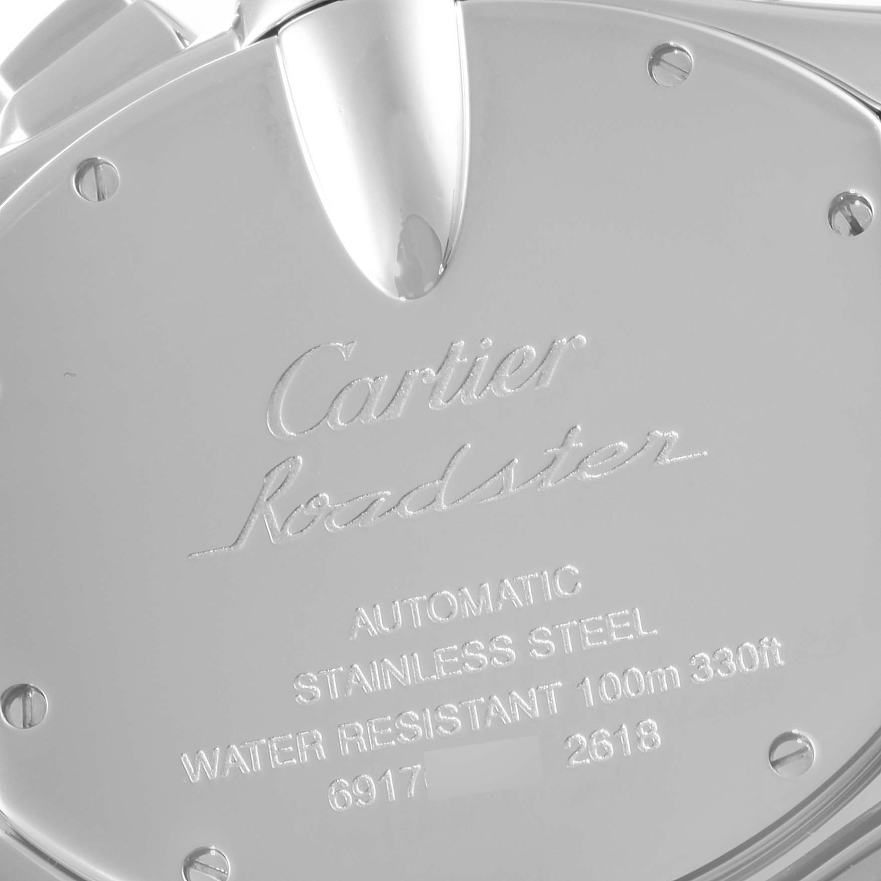 The image shows the back case of a Cartier Roadster W62020X6 Men
s Stainless Steel Black Dial W62020X6 Men
s Stainless Steel Black Dial watch, highlighting its brand, model, and specifications.