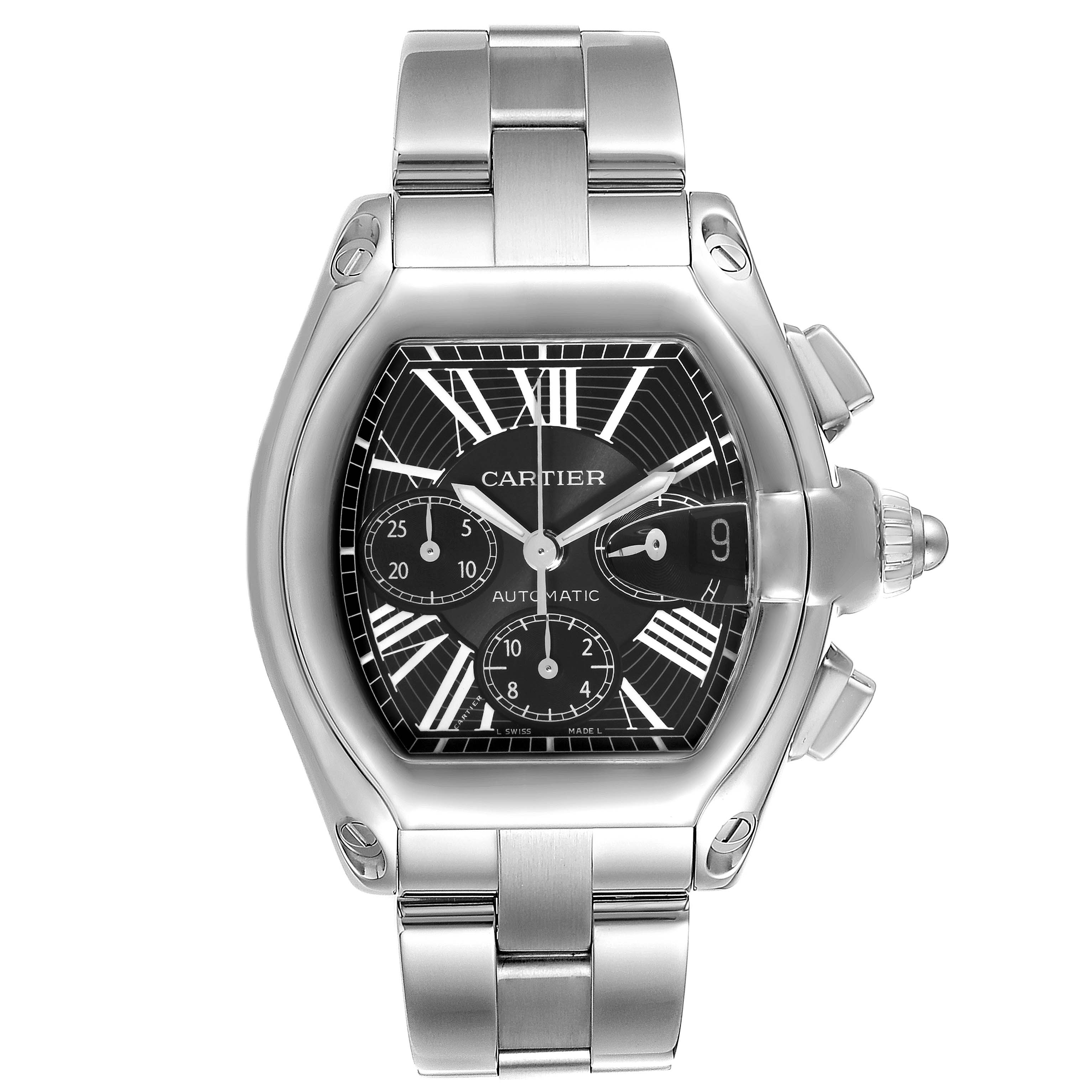 The image shows a frontal view of the Cartier Roadster W62020X6 Men
s Stainless Steel Black Dial W62020X6 Men
s Stainless Steel Black Dial watch, highlighting its dial, case, and bracelet.