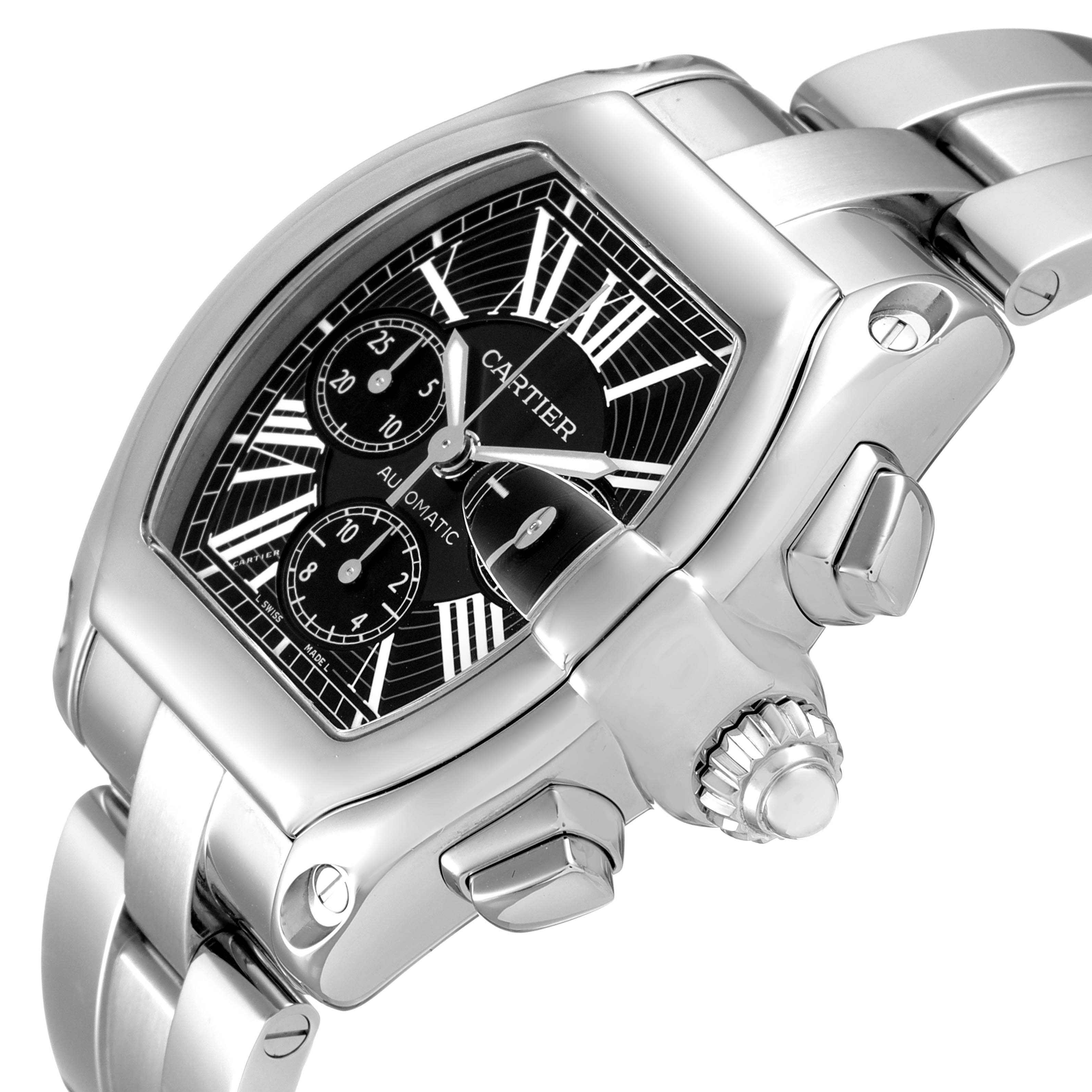 The image shows a Cartier Roadster W62020X6 Men
s Stainless Steel Black Dial W62020X6 Men
s Stainless Steel Black Dial watch at a slight angle, highlighting the dial, crown, and metal bracelet.