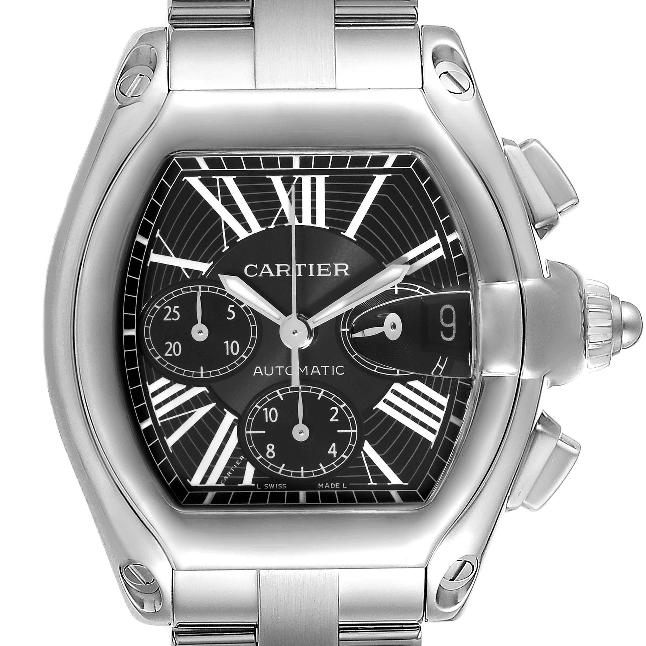 This image shows a front view of a Cartier Roadster W62020X6 Men
s Stainless Steel Black Dial W62020X6 Men
s Stainless Steel Black Dial watch, highlighting its face, bezel, and the start of its metal bracelet.