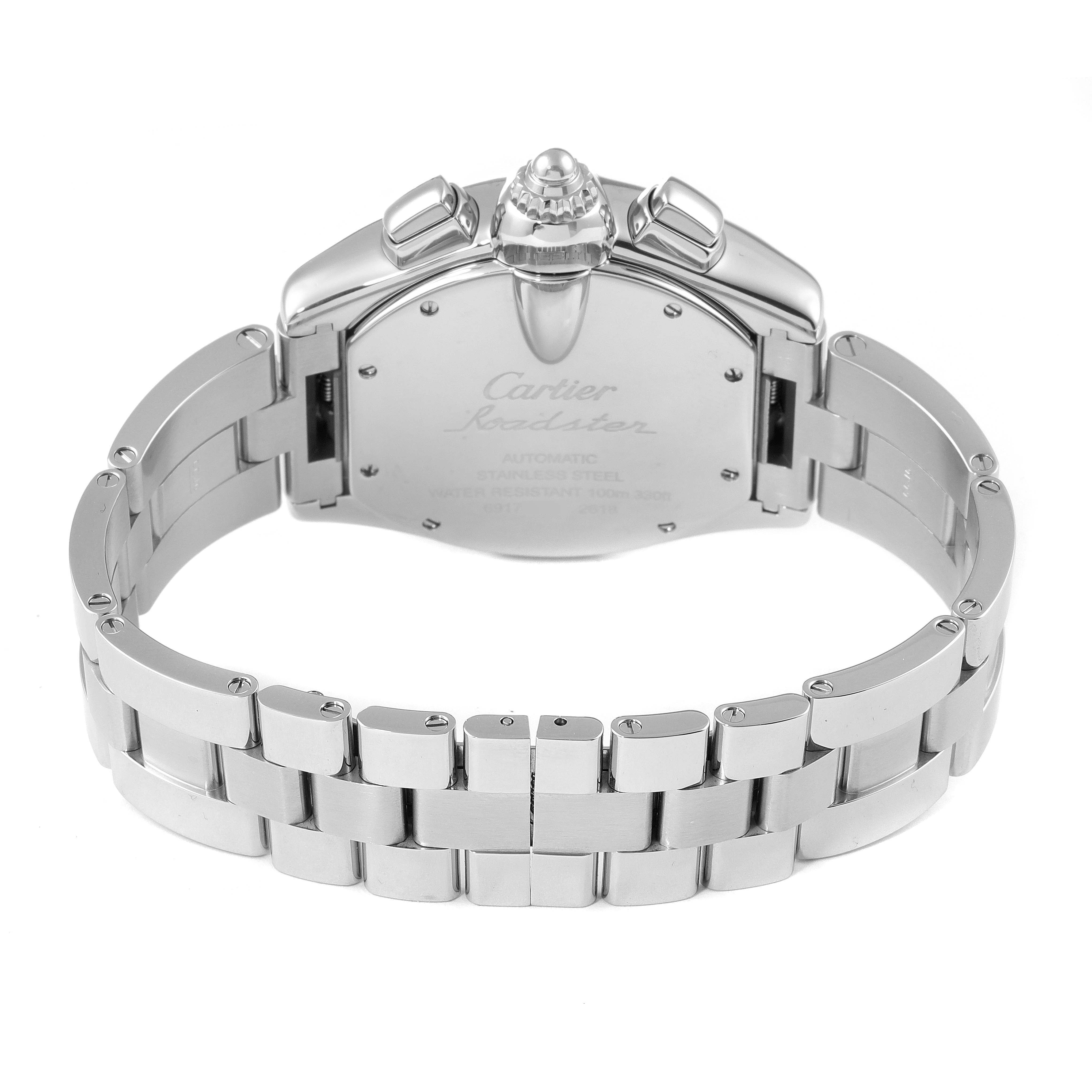 This image shows the back case and bracelet of a Cartier Roadster W62020X6 Men
s Stainless Steel Black Dial W62020X6 Men
s Stainless Steel Black Dial watch from a rear angle.