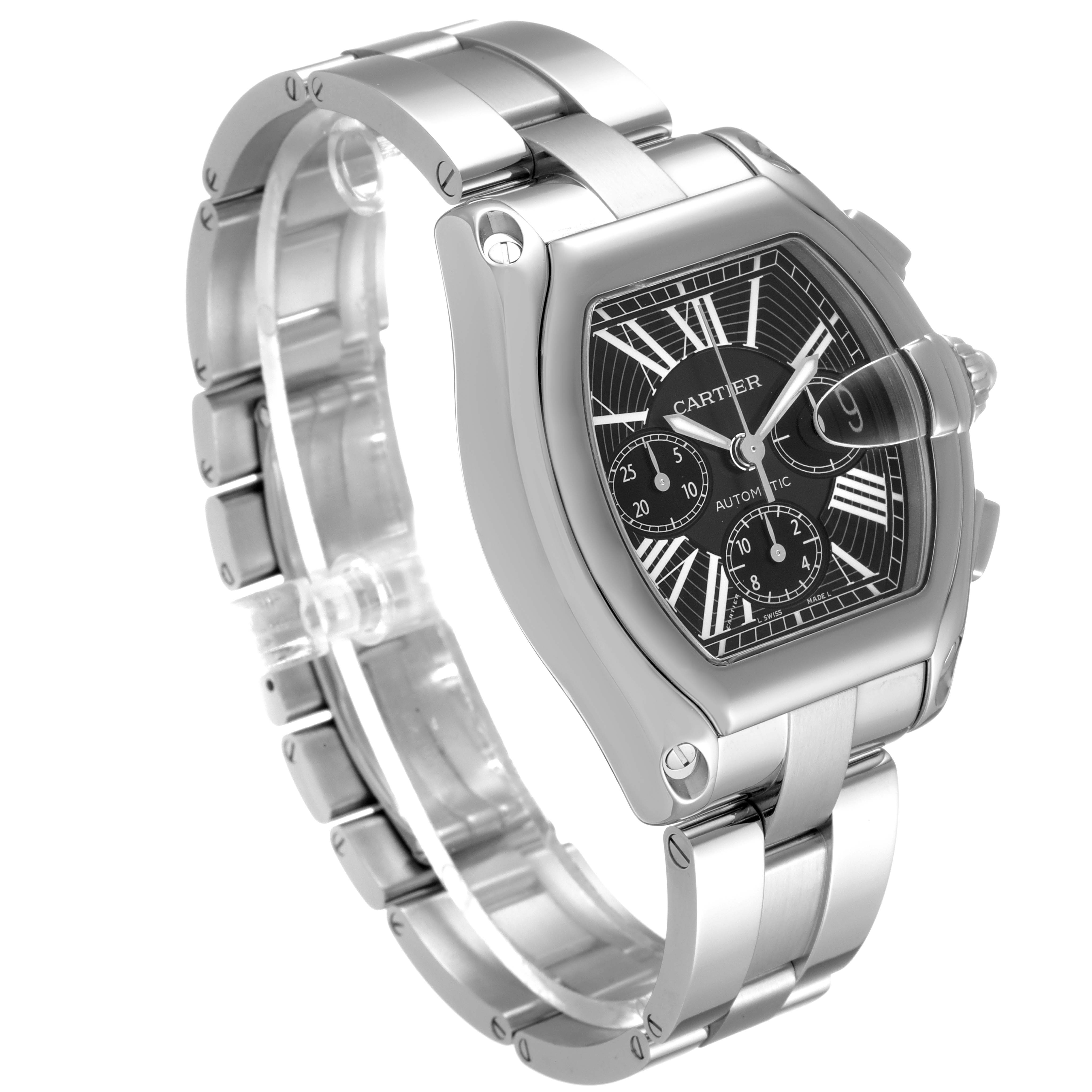 The image shows a Cartier Roadster W62020X6 Men
s Stainless Steel Black Dial W62020X6 Men
s Stainless Steel Black Dial watch at a three-quarter angle, highlighting the face, bezel, and bracelet.