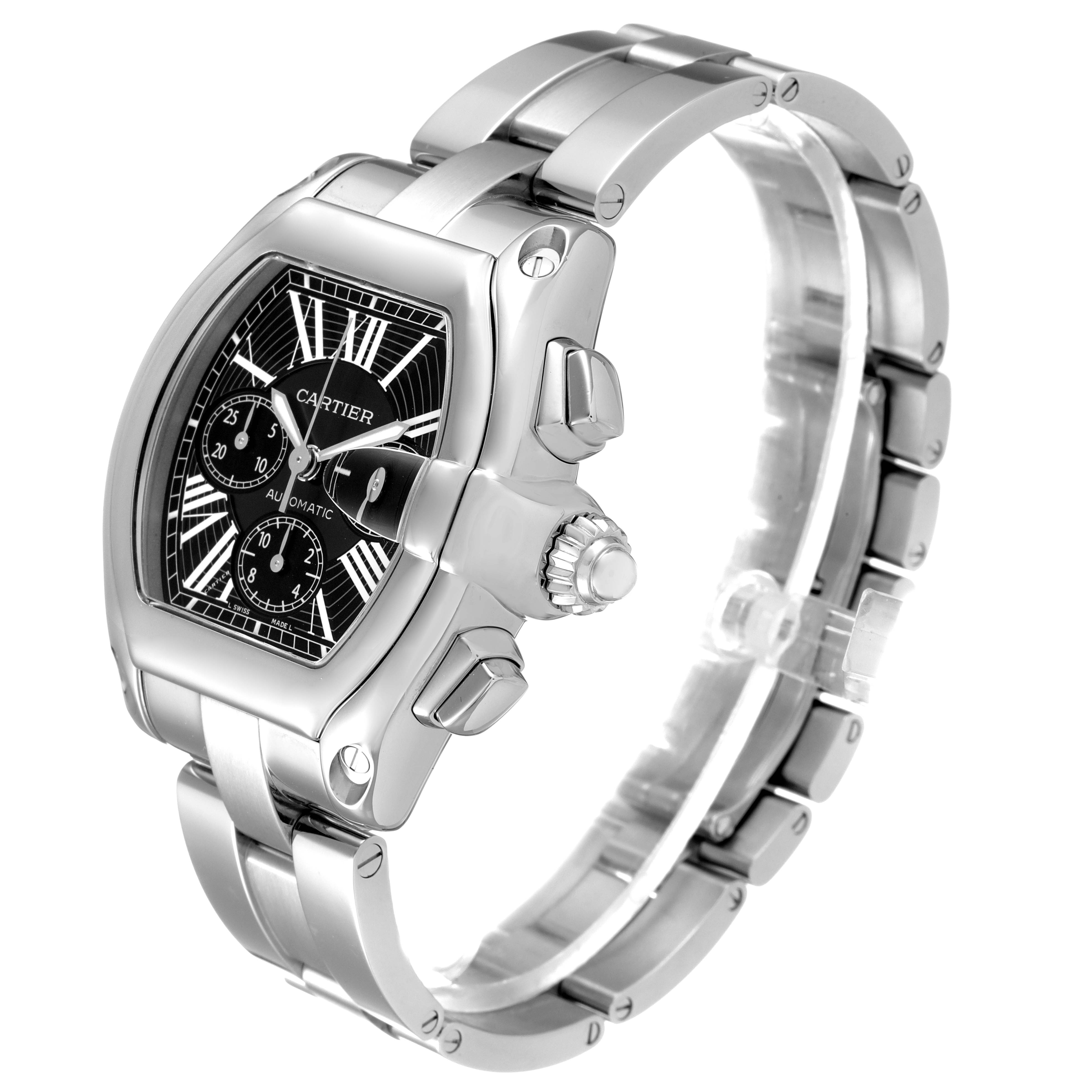 The image shows a Cartier Roadster W62020X6 Men
s Stainless Steel Black Dial W62020X6 Men
s Stainless Steel Black Dial model watch at a three-quarter angle, highlighting the face, crown, and bracelet.