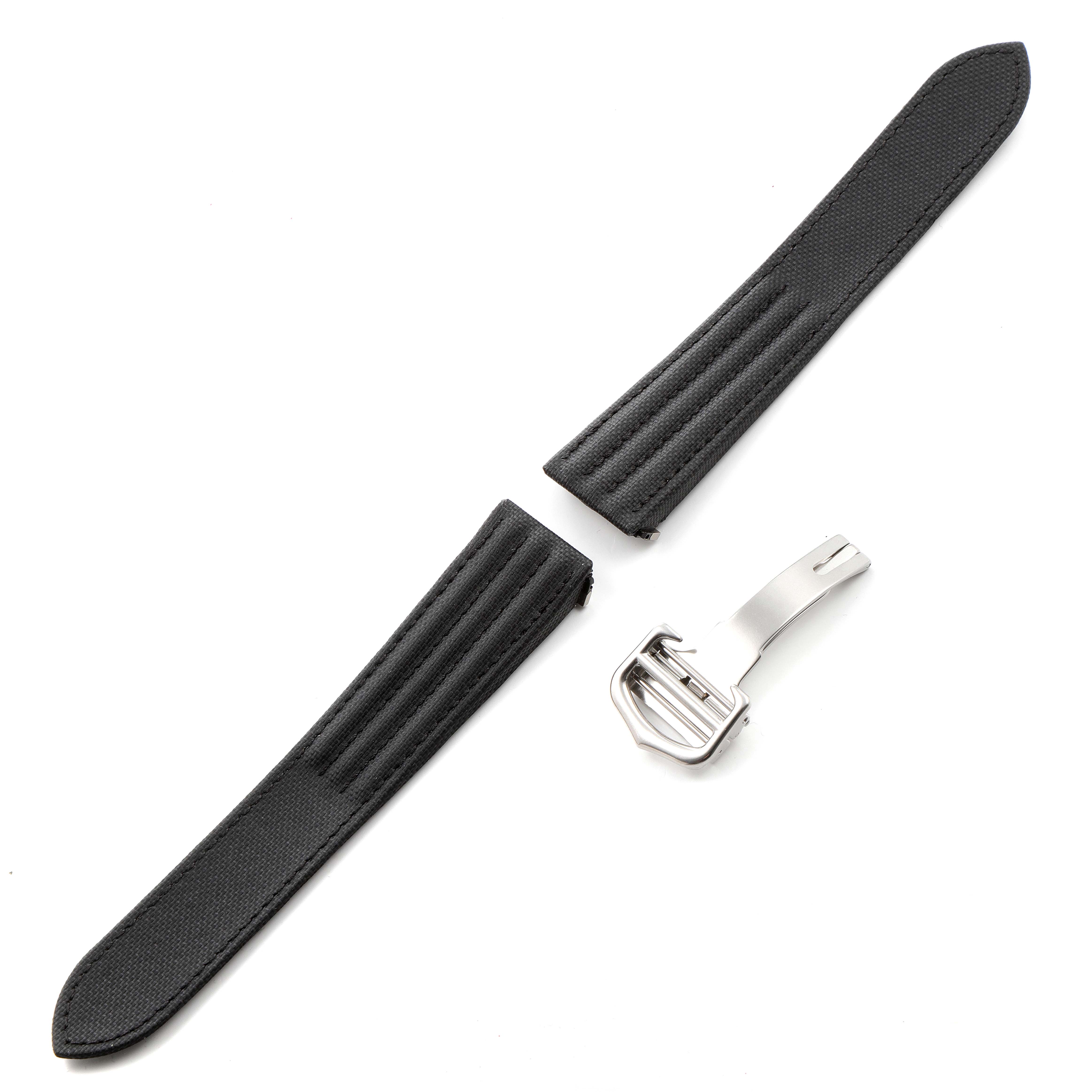 This image shows two black watch straps and a metal clasp for the Cartier Roadster W62020X6 Men
s Stainless Steel Black Dial W62020X6 Men
s Stainless Steel Black Dial model.