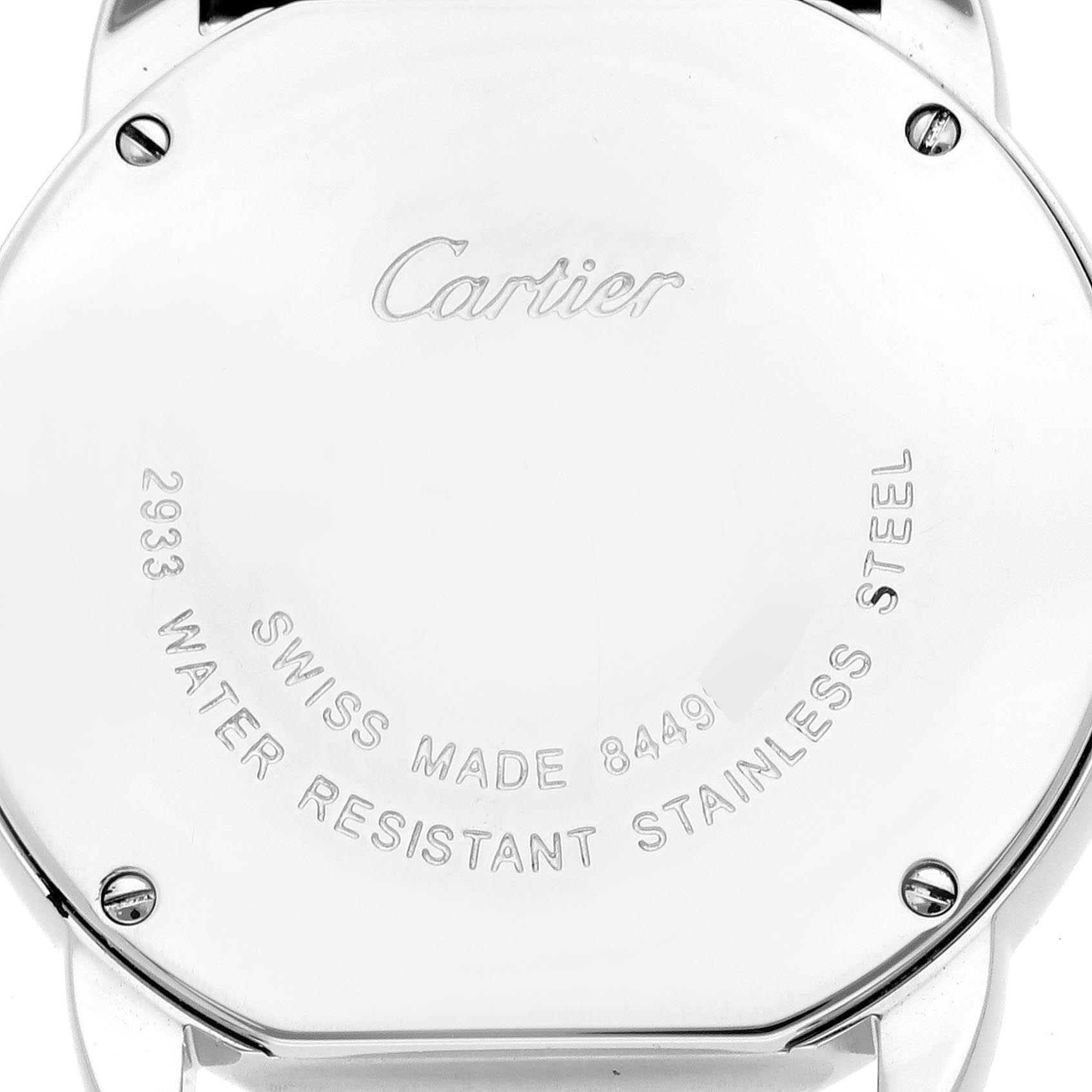 The image shows the back of a Cartier Ronde W6700155 Women
s Stainless Steel Silver Dial W6700155 Women
s Stainless Steel Silver Dial watch, highlighting its stainless steel case and engravings.