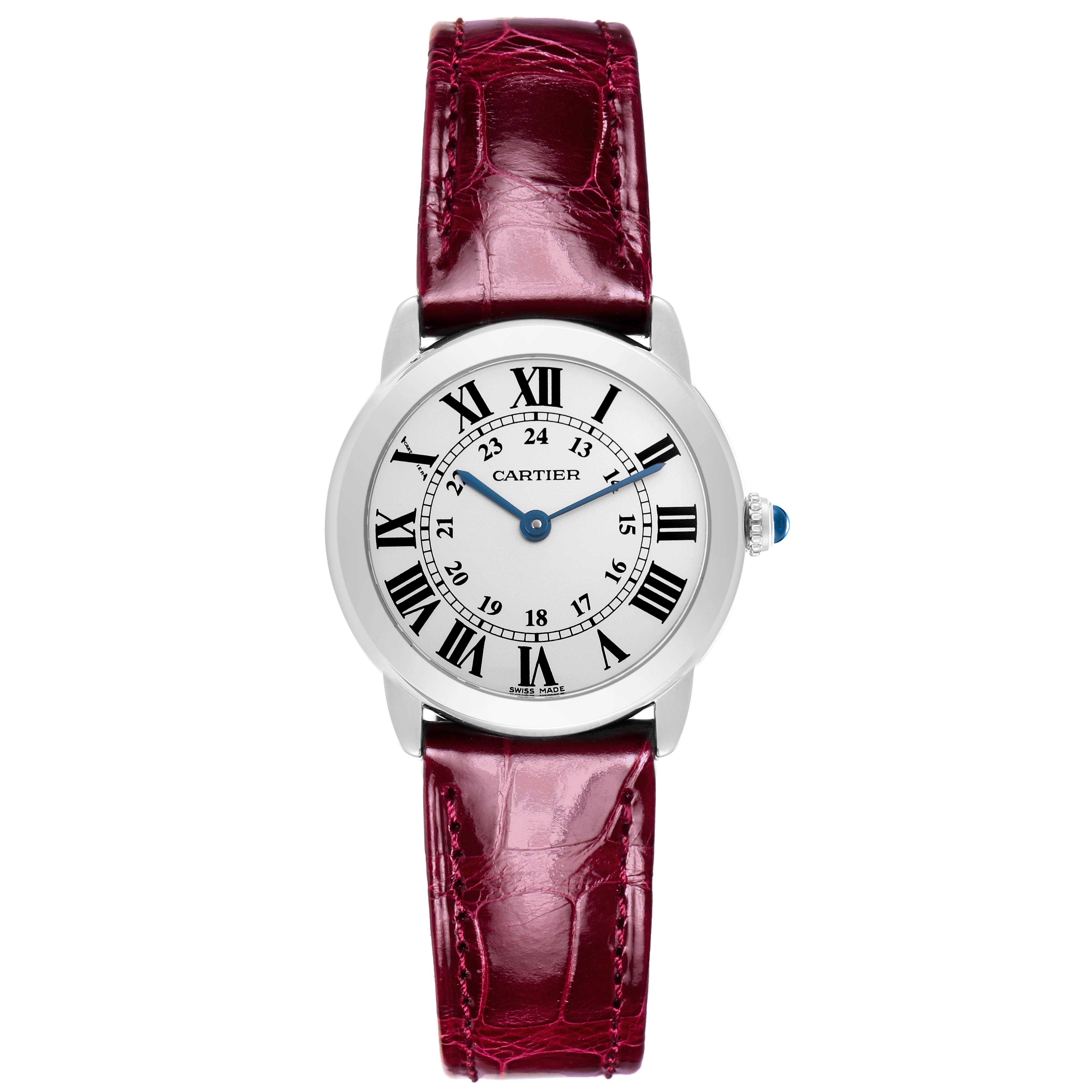 The Cartier Ronde W6700155 Women
s Stainless Steel Silver Dial W6700155 Women
s Stainless Steel Silver Dial watch is shown from a top view, displaying its face, Roman numerals, hands, and maroon strap.
