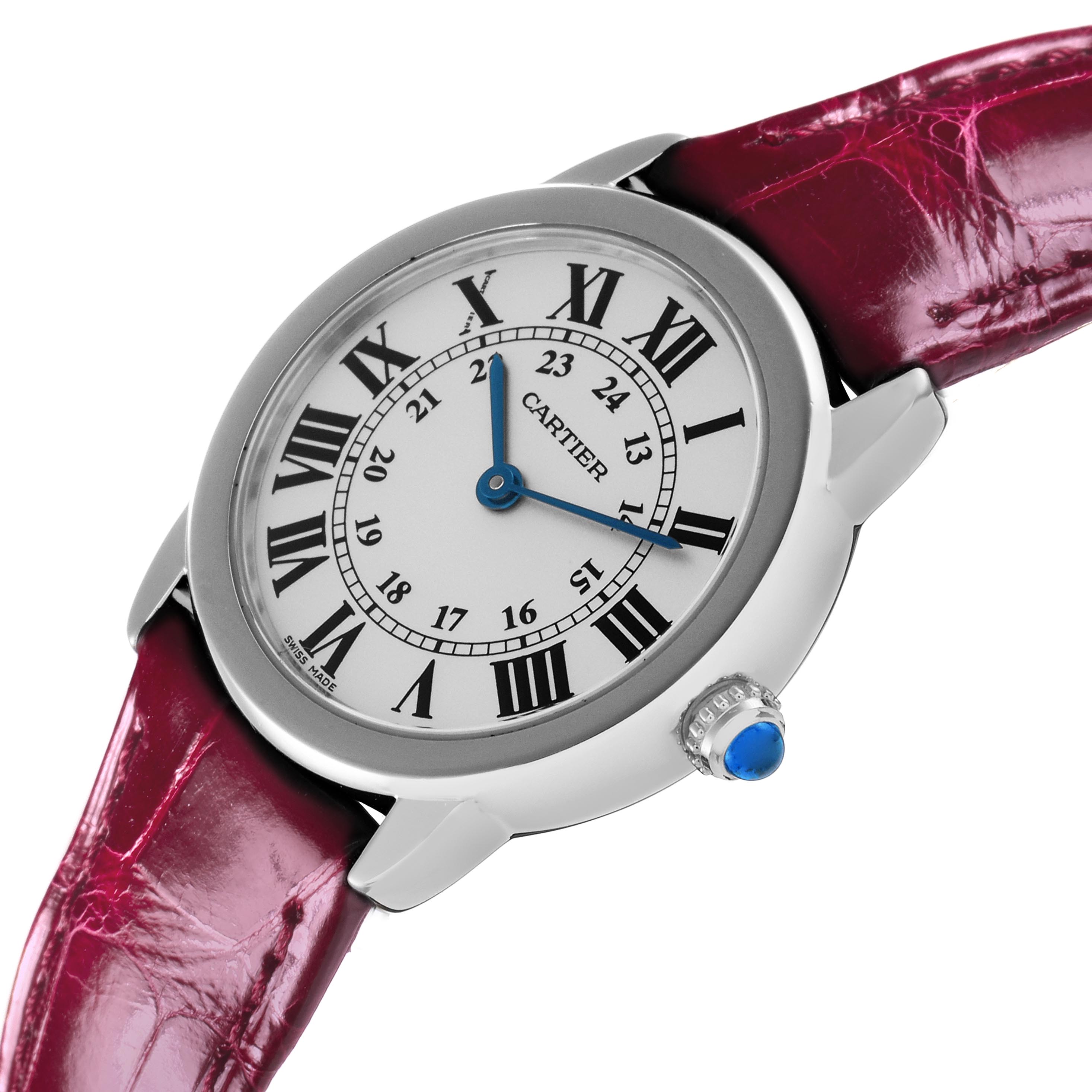 The Cartier Ronde W6700155 Women
s Stainless Steel Silver Dial W6700155 Women
s Stainless Steel Silver Dial watch is shown at a tilted angle, highlighting the white dial, Roman numerals, and a pink leather strap.