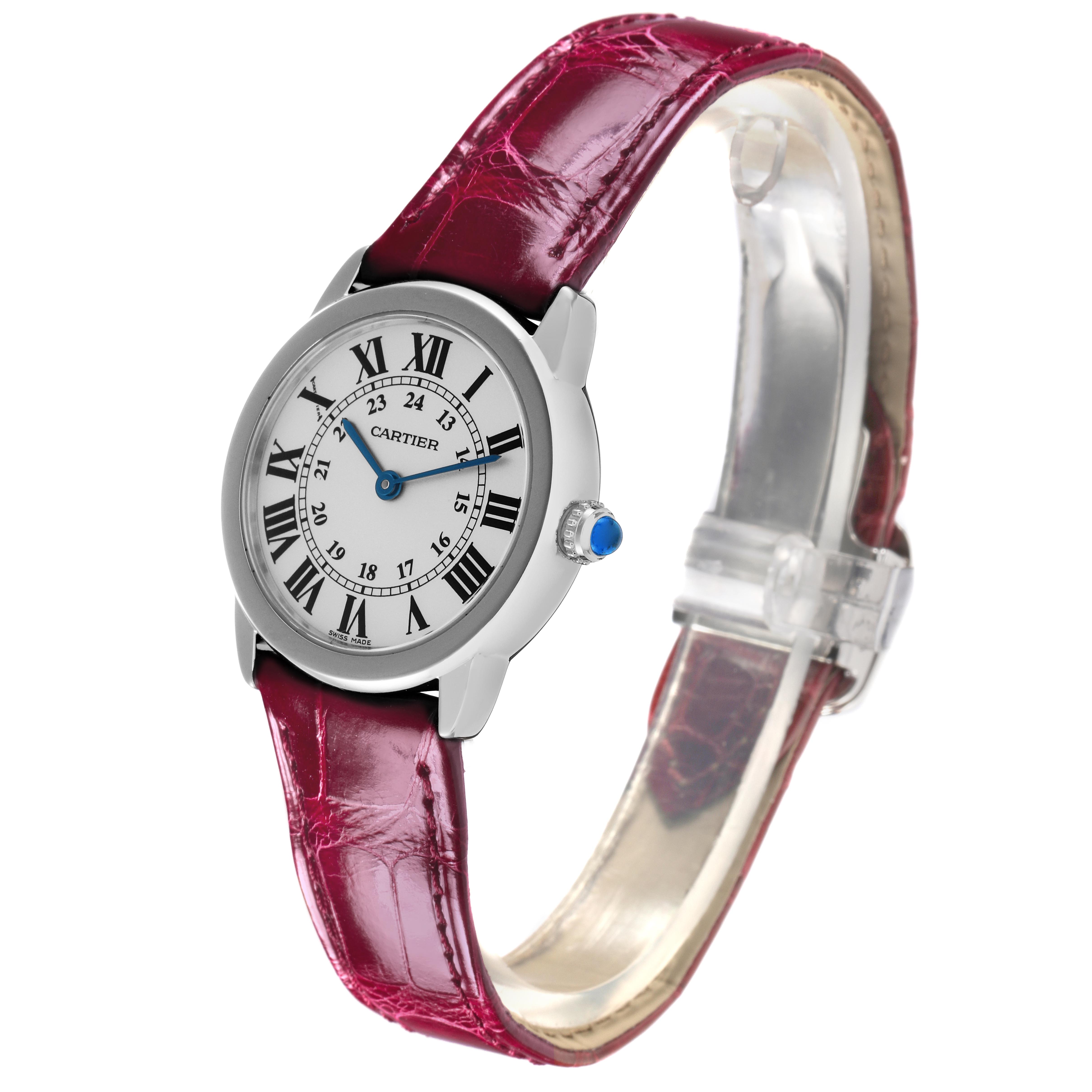 The Cartier Ronde W6700155 Women
s Stainless Steel Silver Dial W6700155 Women
s Stainless Steel Silver Dial watch is shown at a slight angle, highlighting its face, strap, and crown detail.