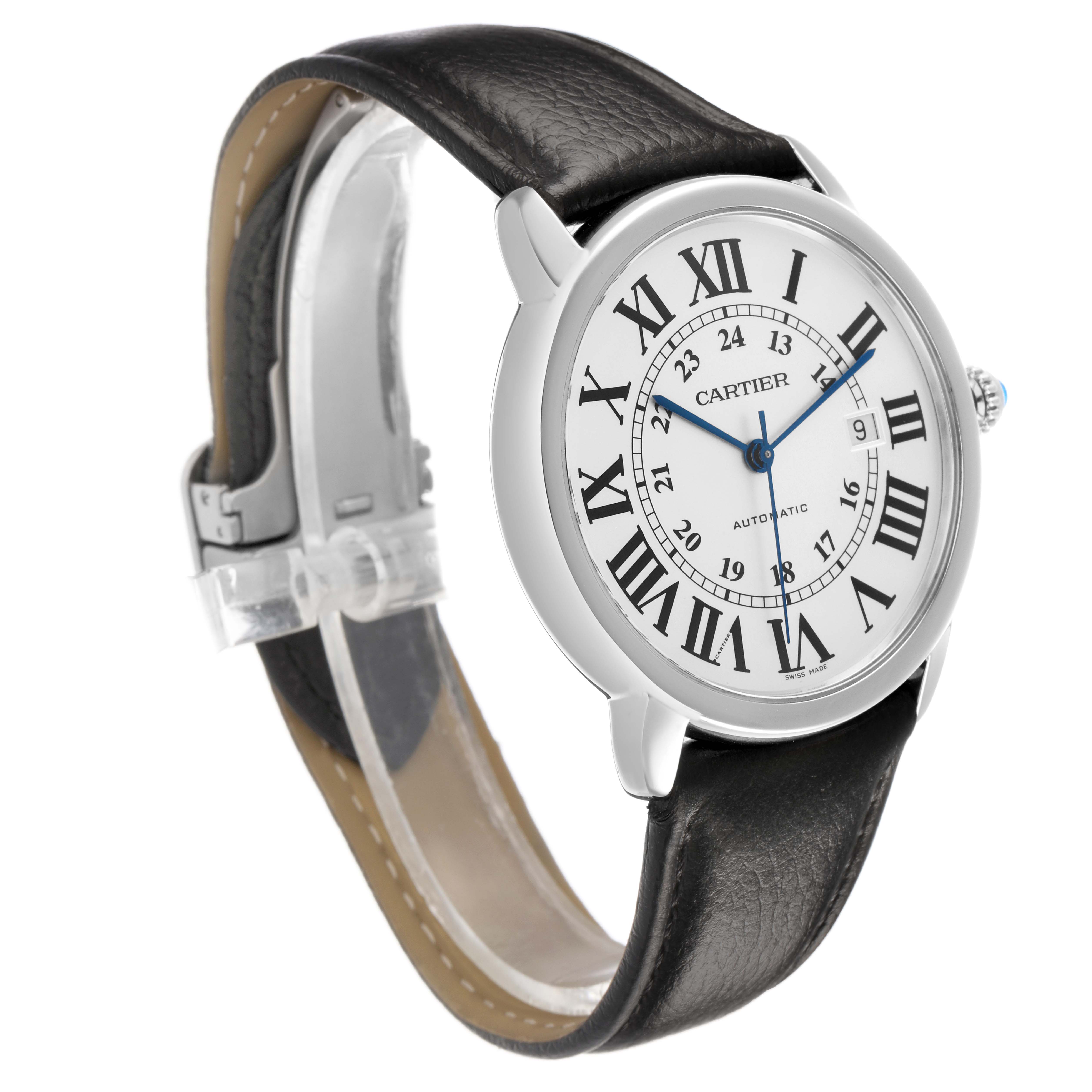 The Cartier Ronde W6701010 Men's Stainless Steel Silver Dial watch is shown at a three-quarter angle, featuring the face, Roman numerals, and black leather strap.